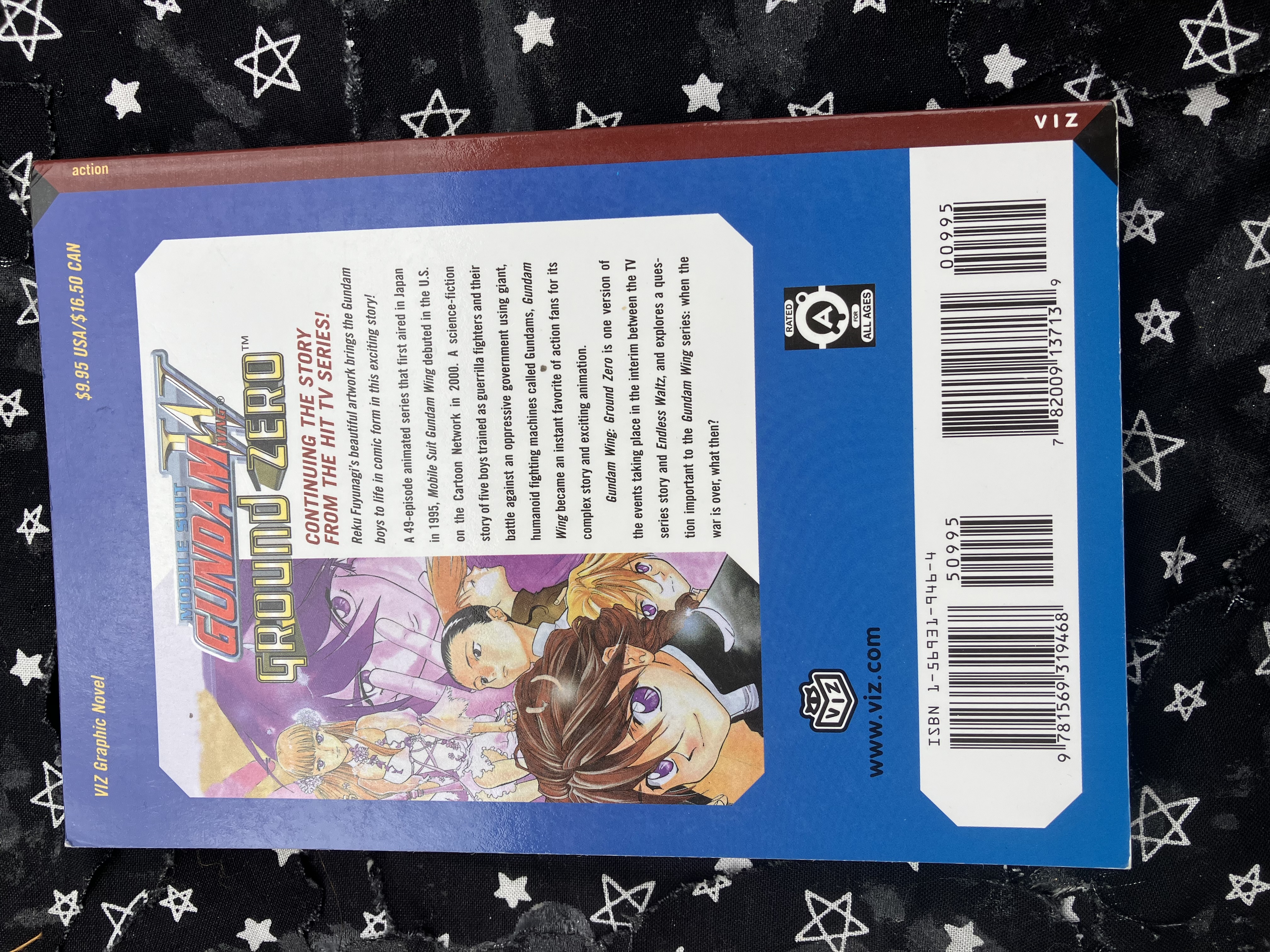 Back of Gundam wing ground zero with the wing boys and Relena on the back with the manga summary.