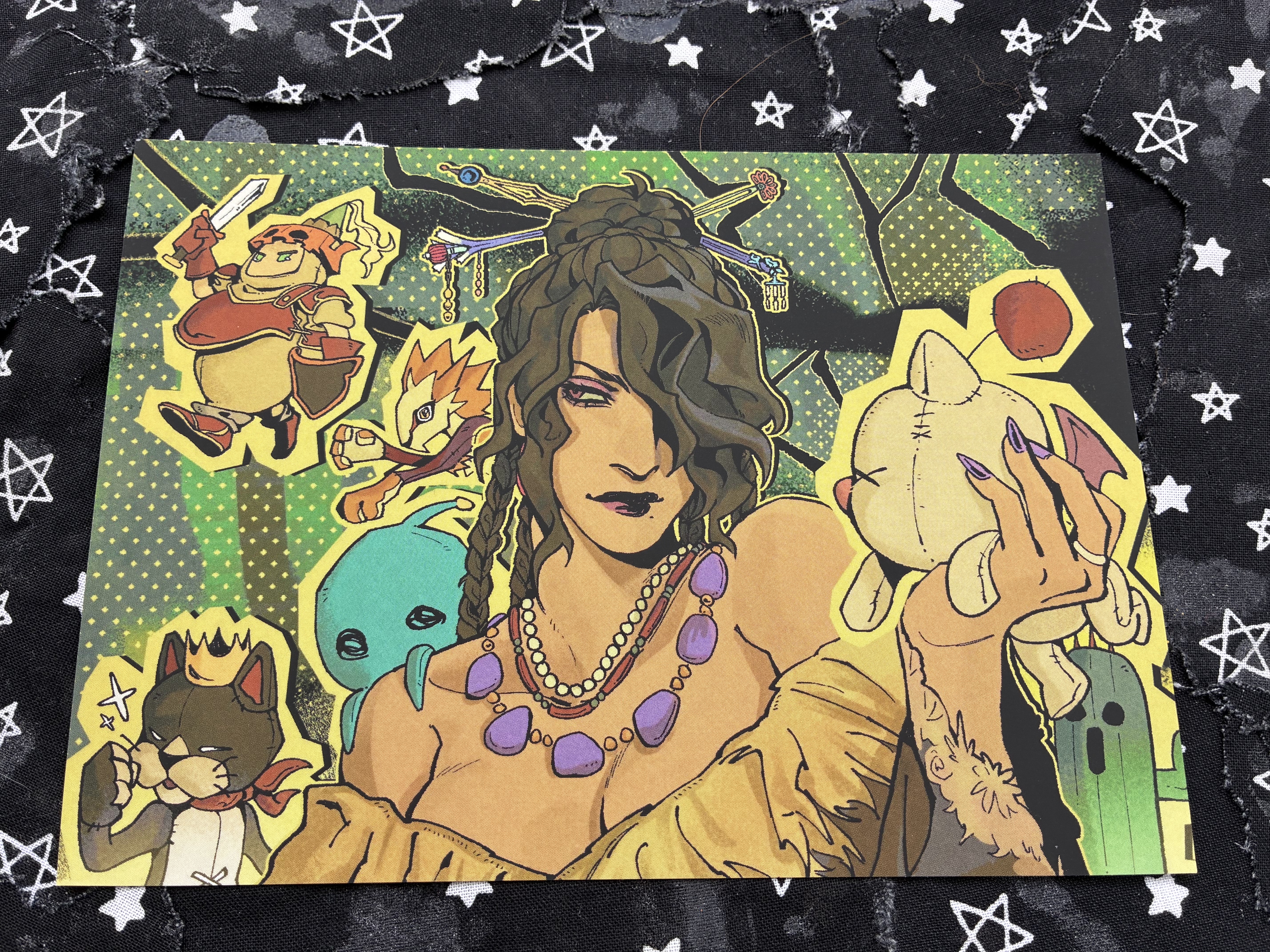 Art print of Final fantasy 10 Lulu surrounded by her weapons.