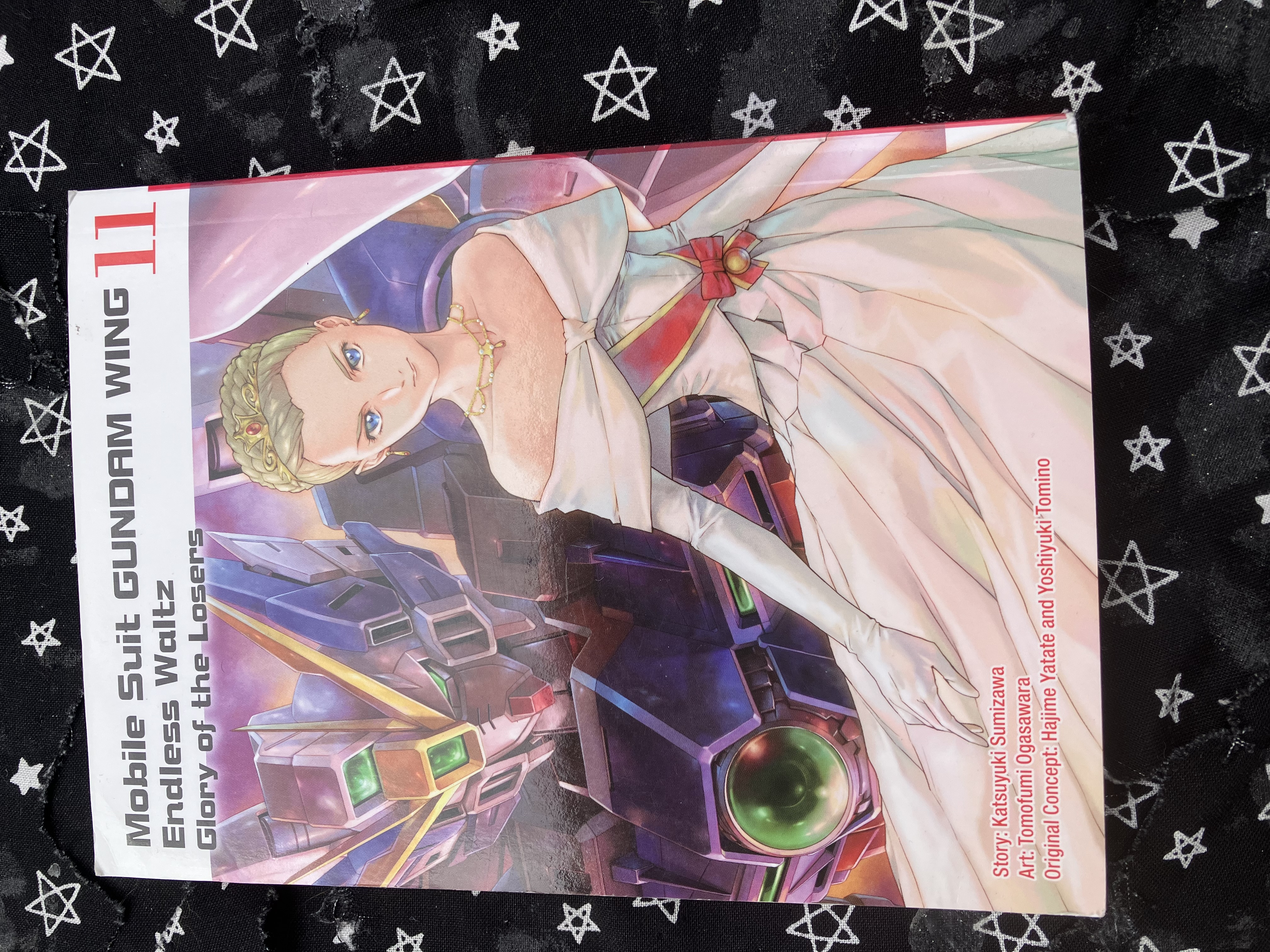 Front of volume 11 of the manga Mobile Suit Gundam Wing: Endless Waltz: Glory of the Losers with Relena in her queen of the world outfit and wing zero behind her on the cover.