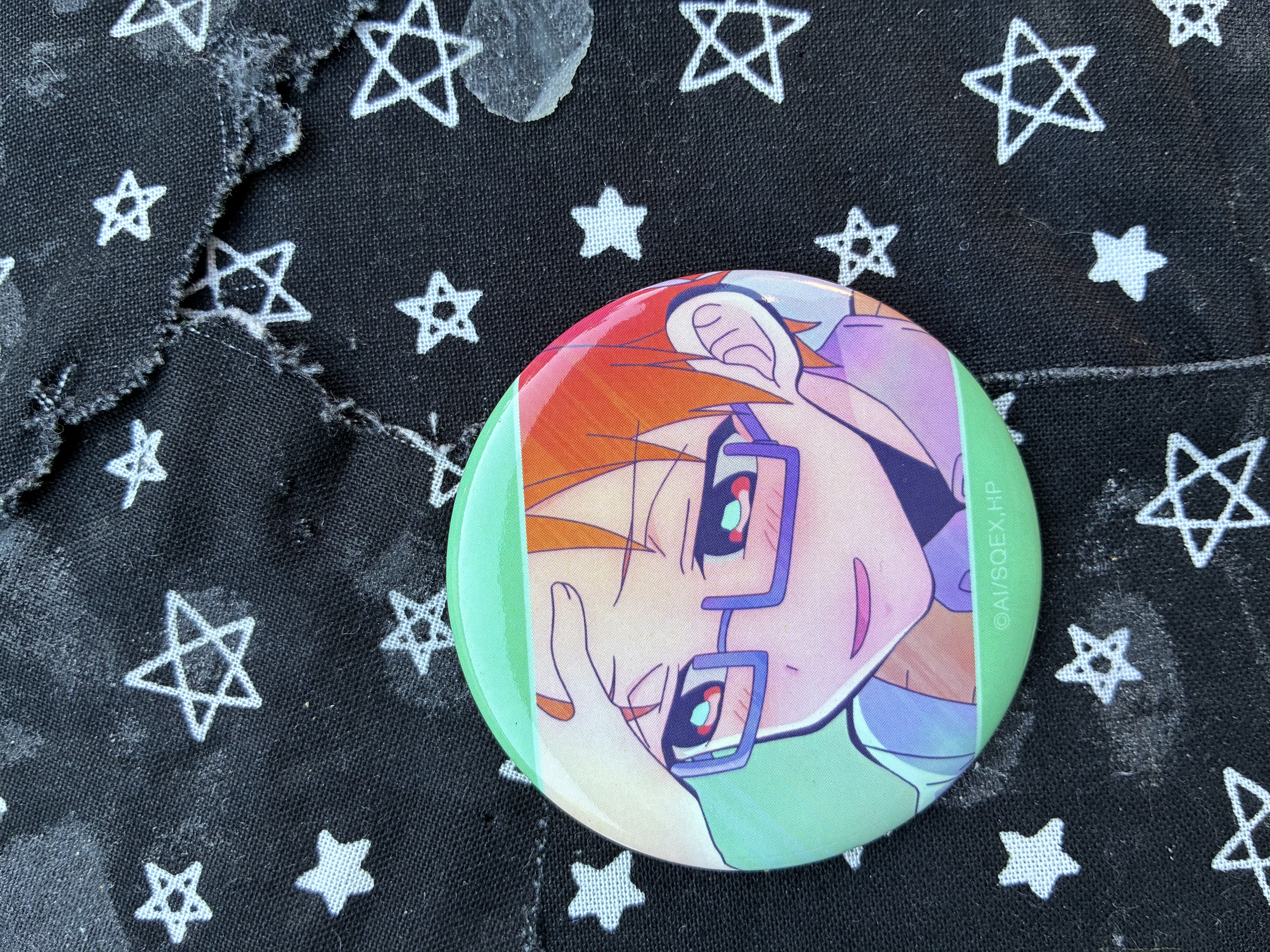 Button of Jibaku shounen Hanako kun Akane blushing with a hand on his forehead.
