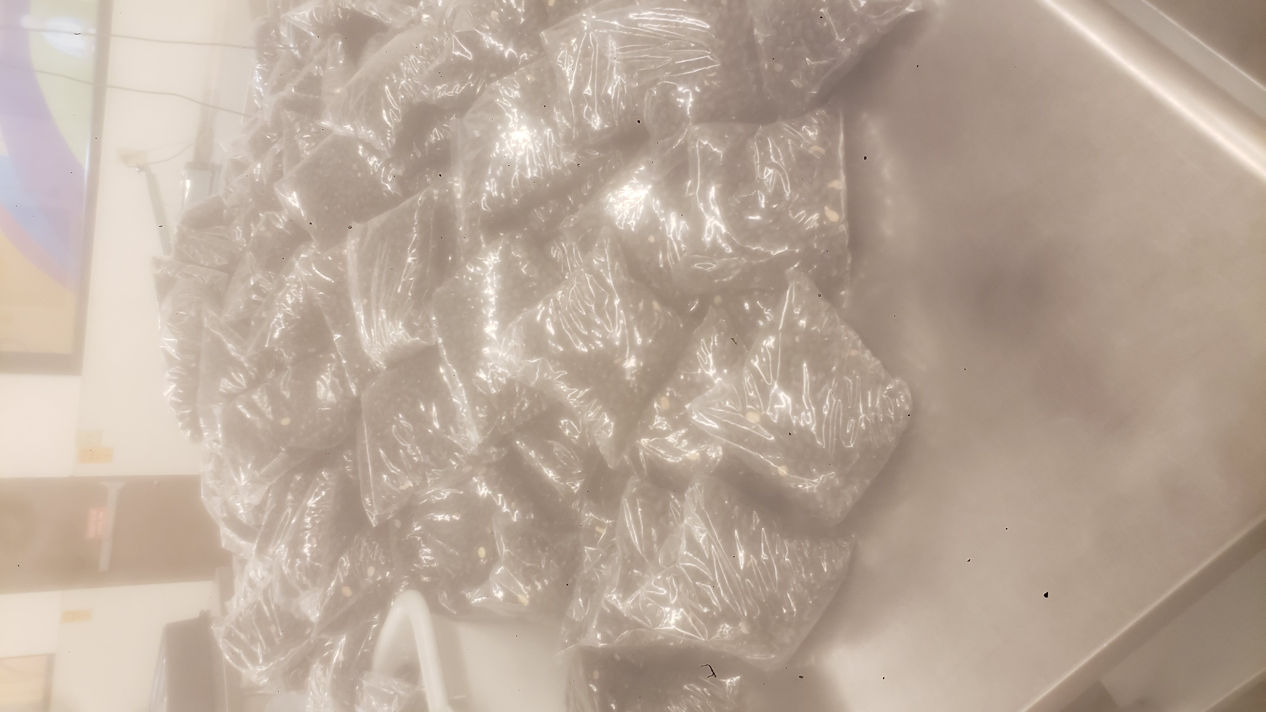 Big pile of sealed bags of black beans.