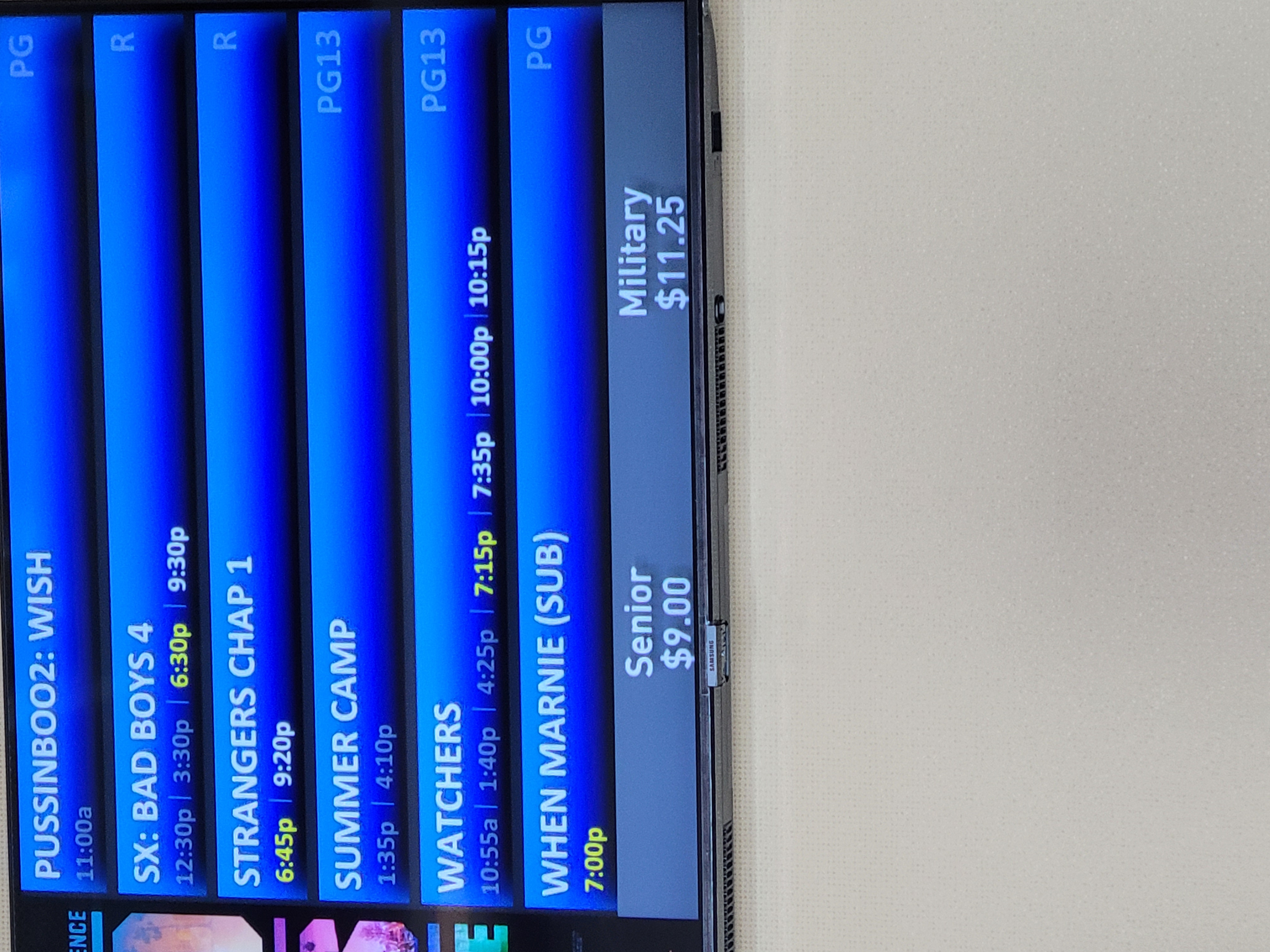 List of movies playing with prices.