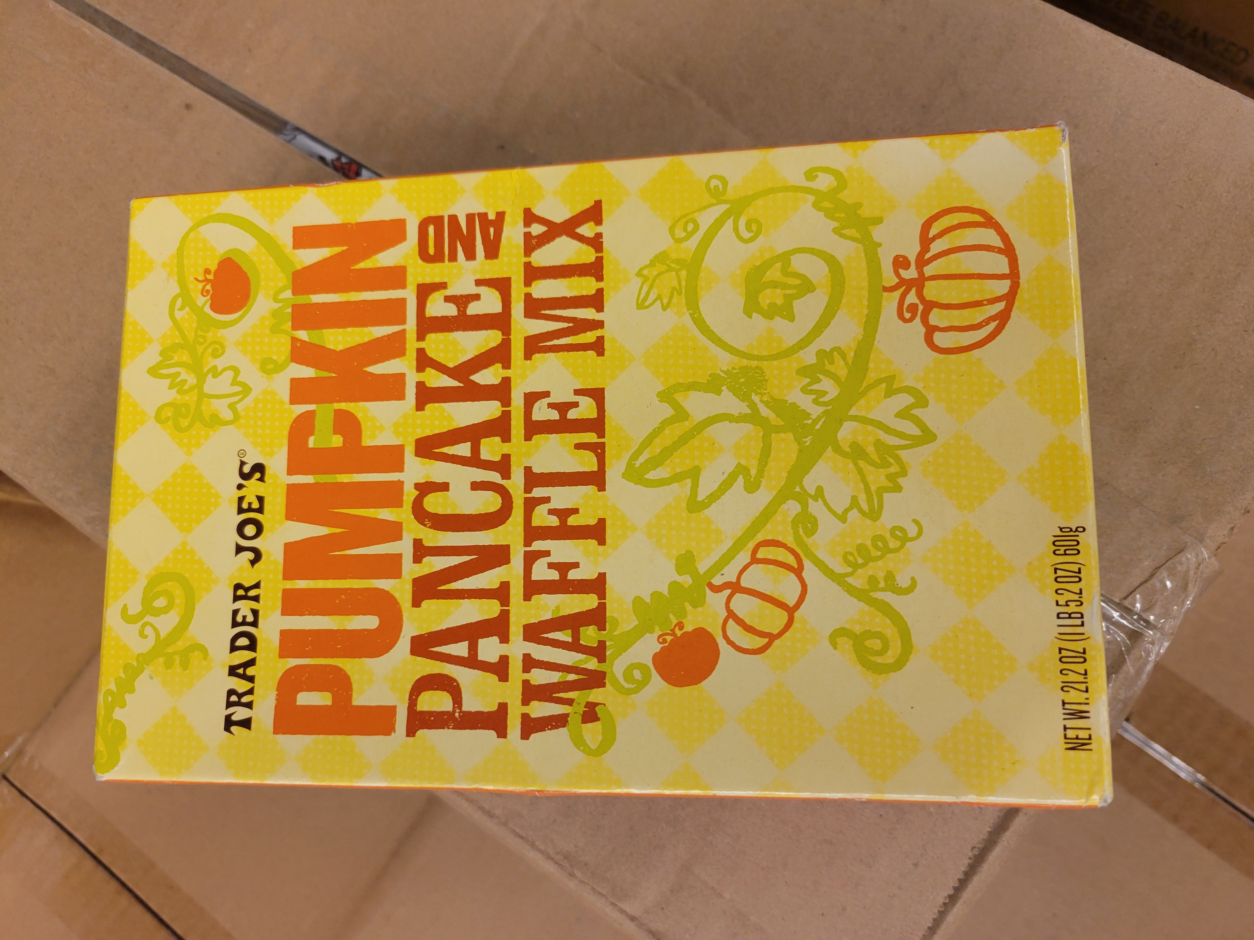 Box of pumpkin pancake and waffle mix.