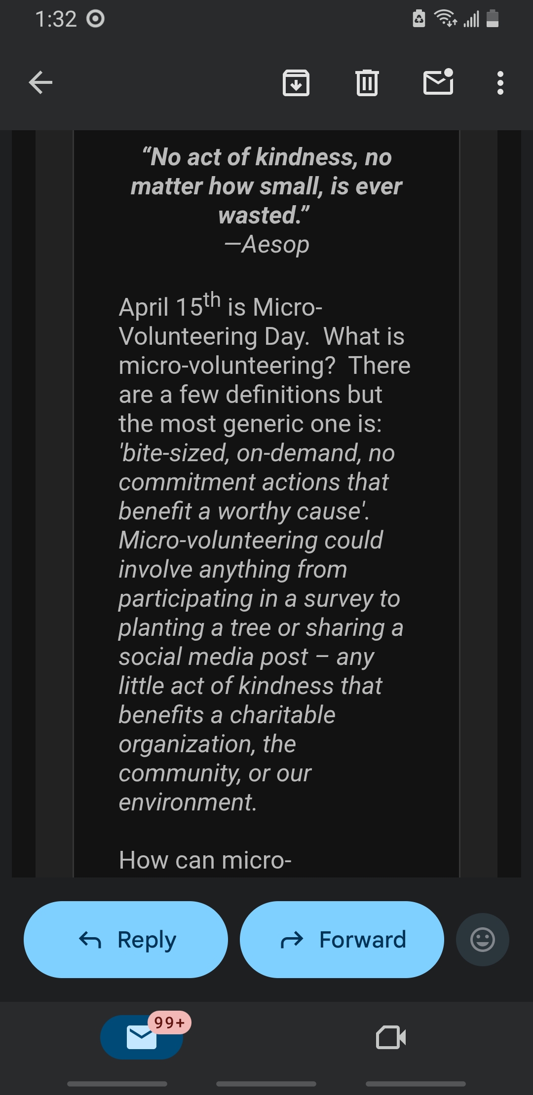 Email about micro-volunteering day and what it means.
