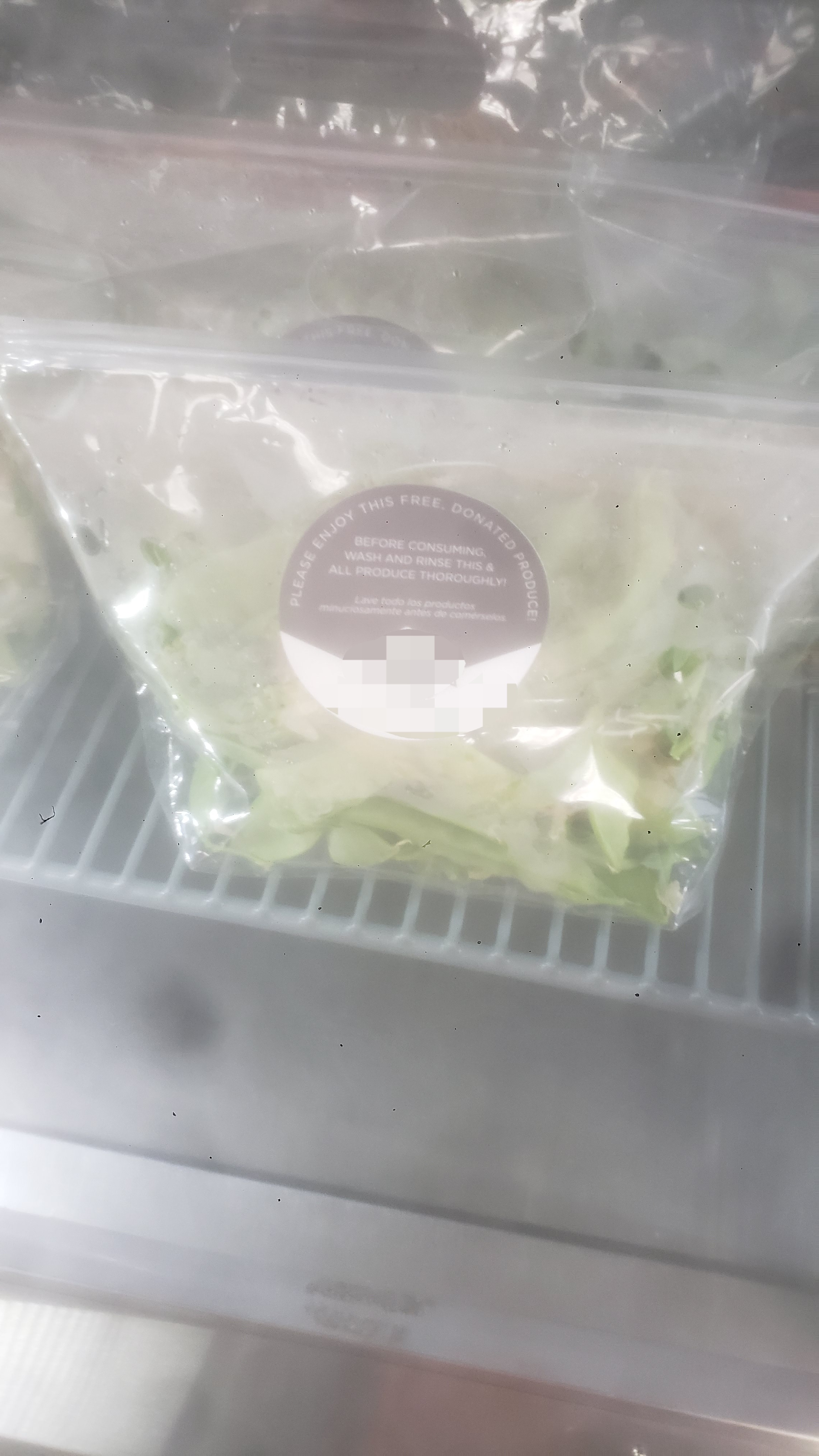 Bag of greens on a shelf of a fridge