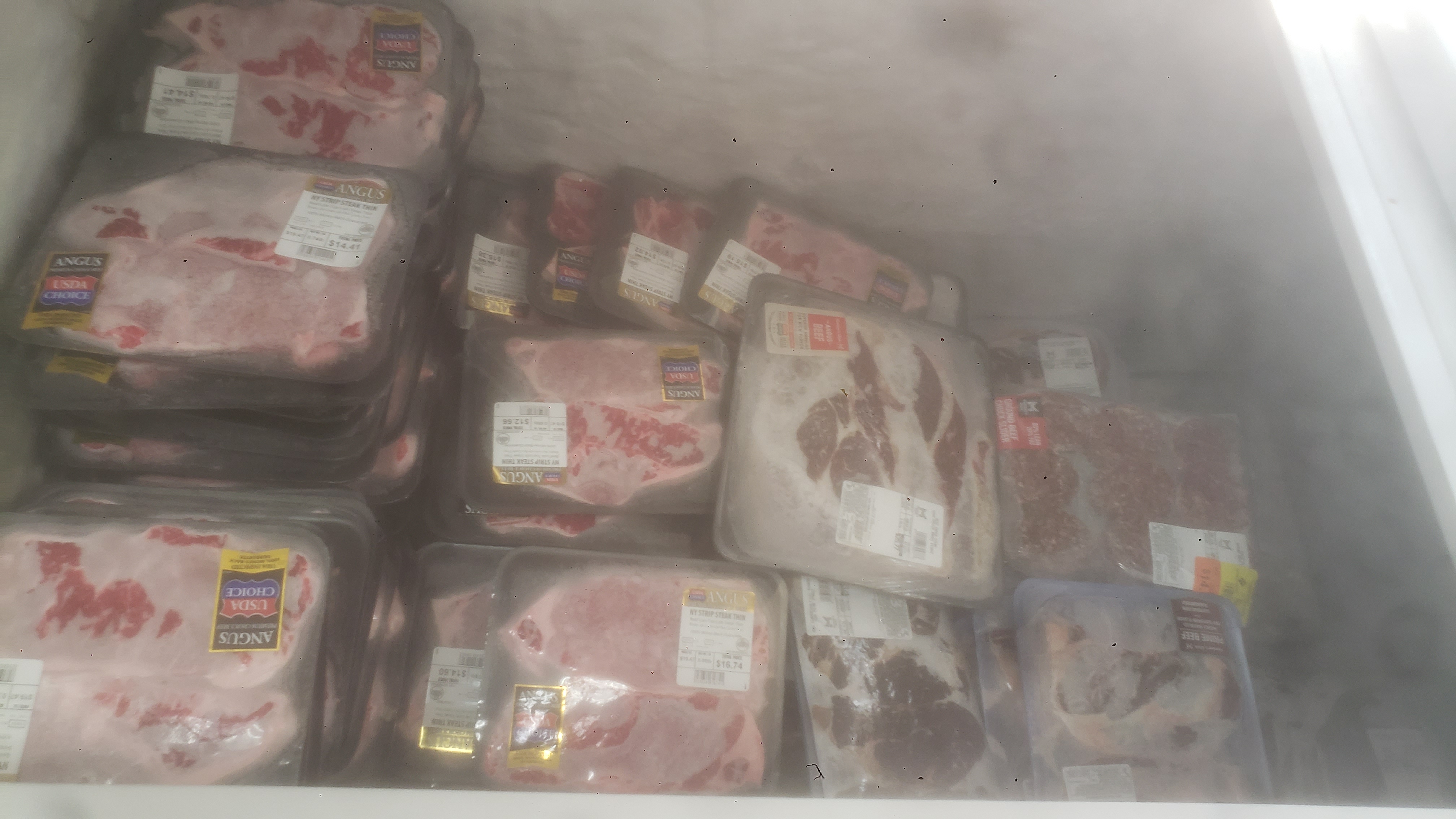 Various meats in a chest freezer.