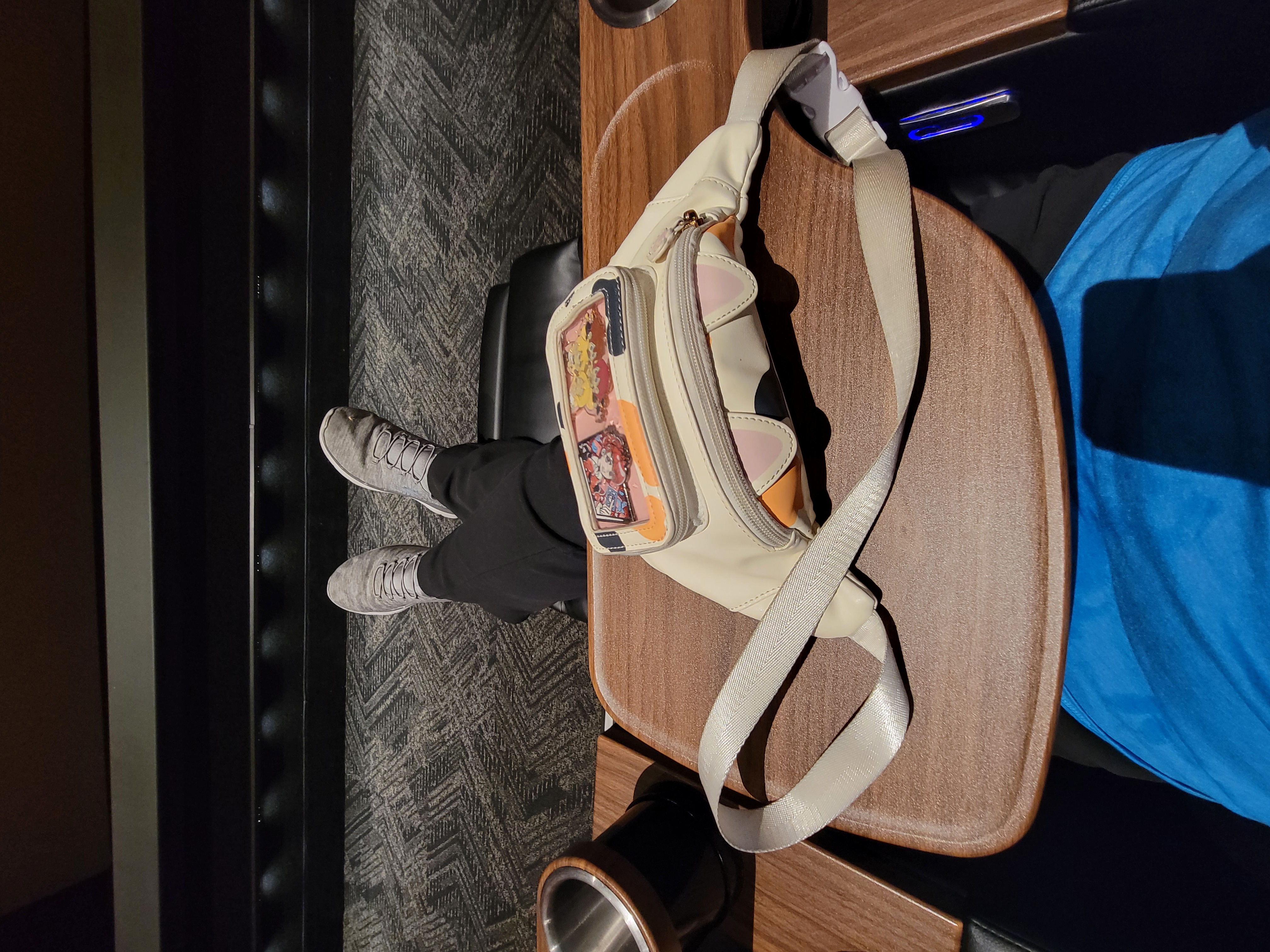 Cat fanny on movie seat pull out tray with seat reclined.