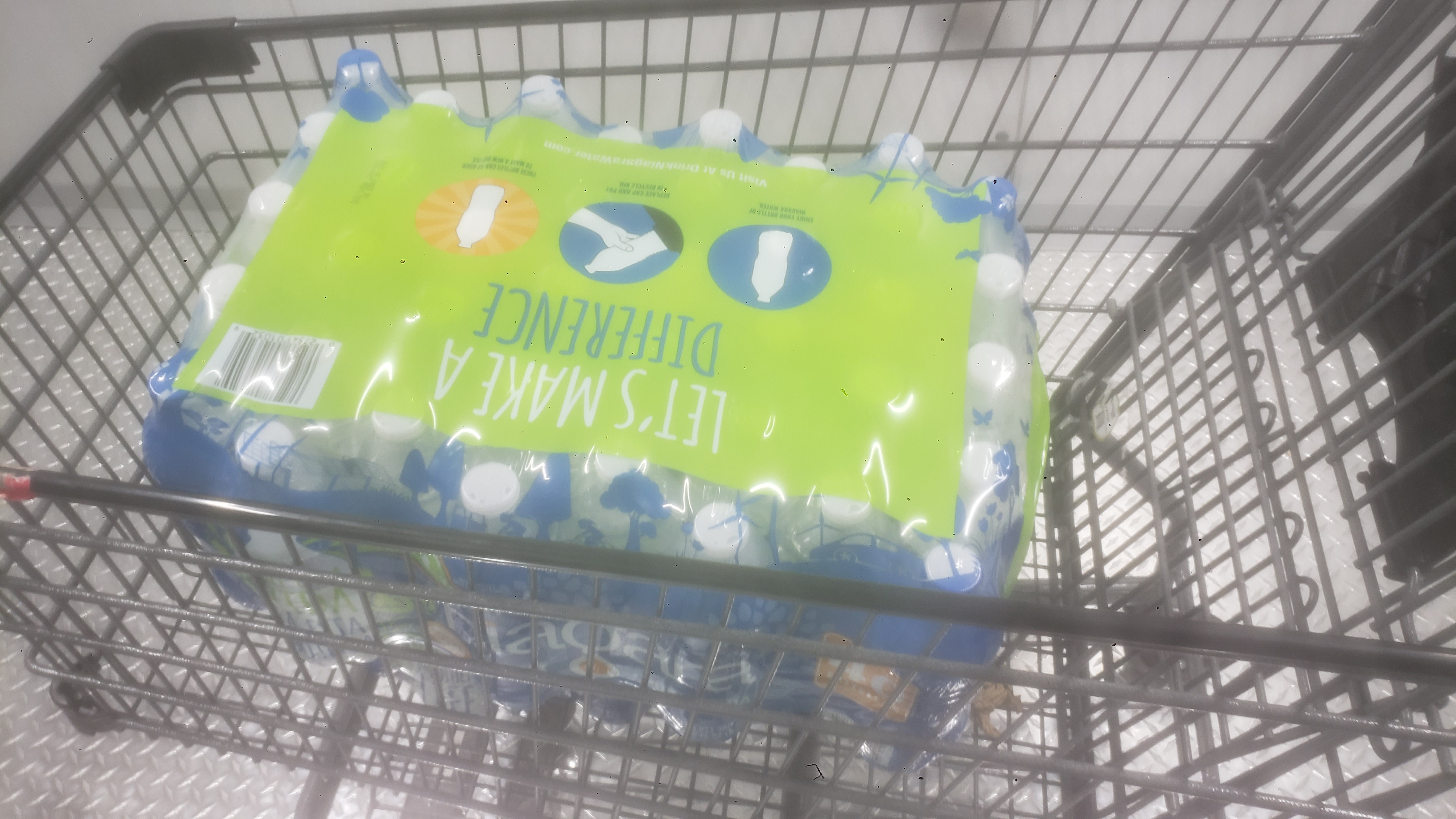 Case of water bottles in a shopping cart.
