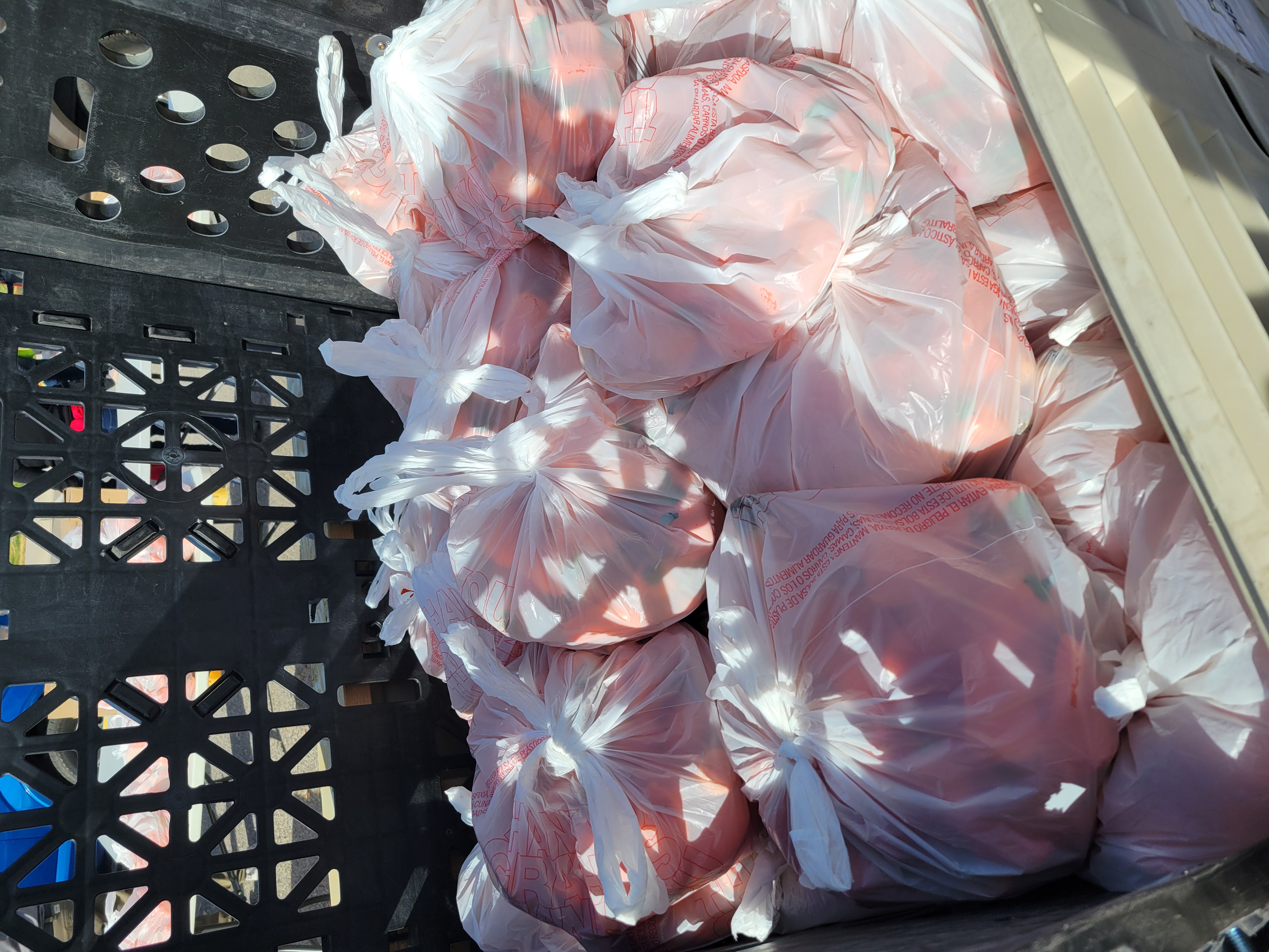 Plastic bags of orange bell peppers in a cart.