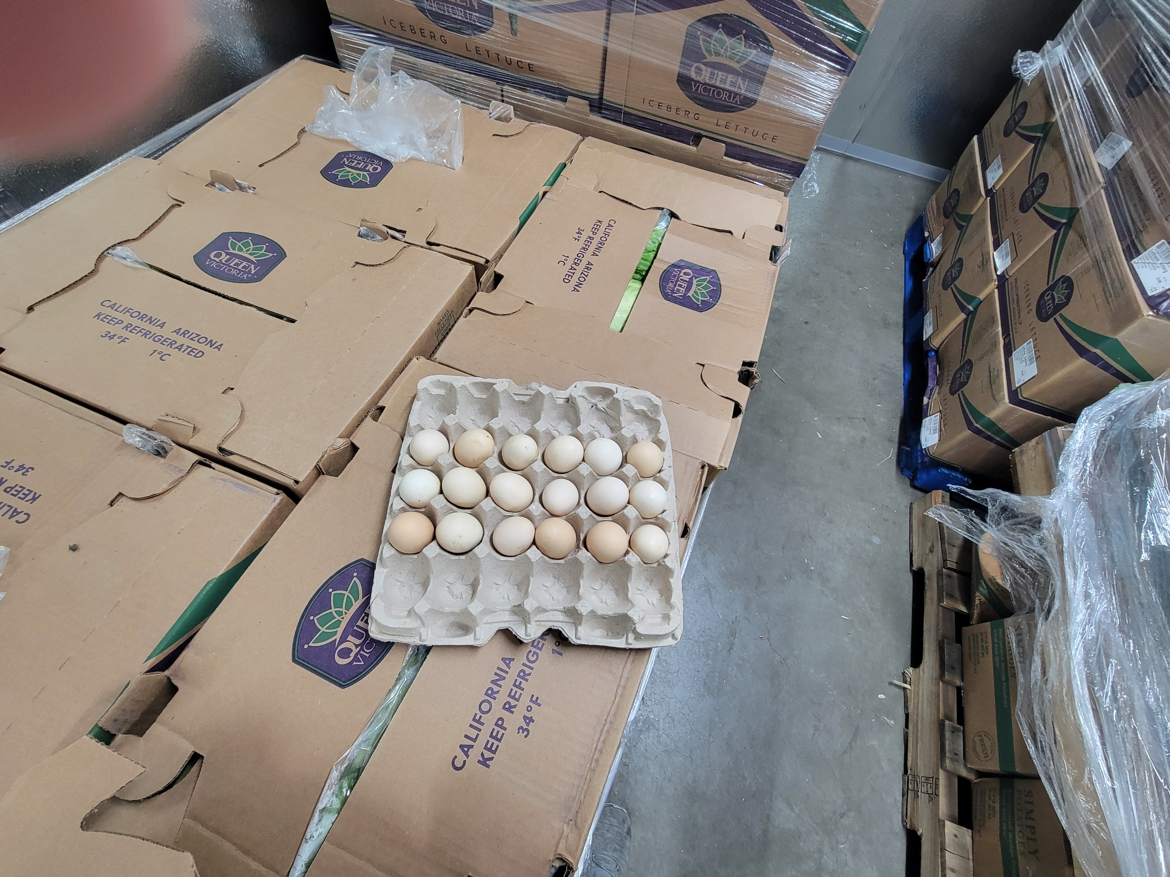 Eggs in cardboard on boxes of lettuce.