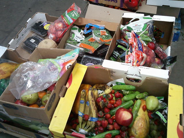 Rows of rotten produce filled produce trays on a pallet.
