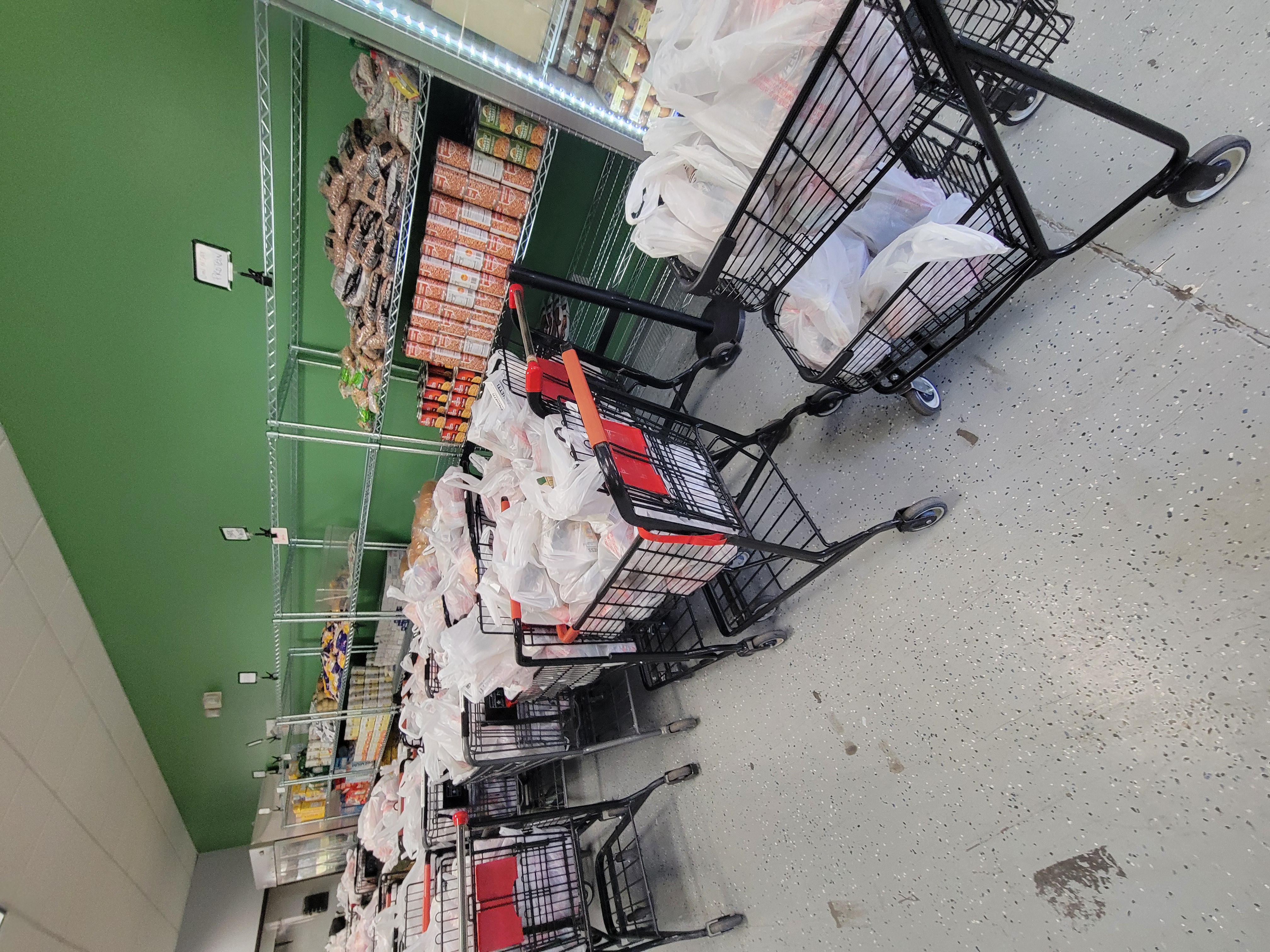 Shopping carts filled with plastic bags next to shelves of food.