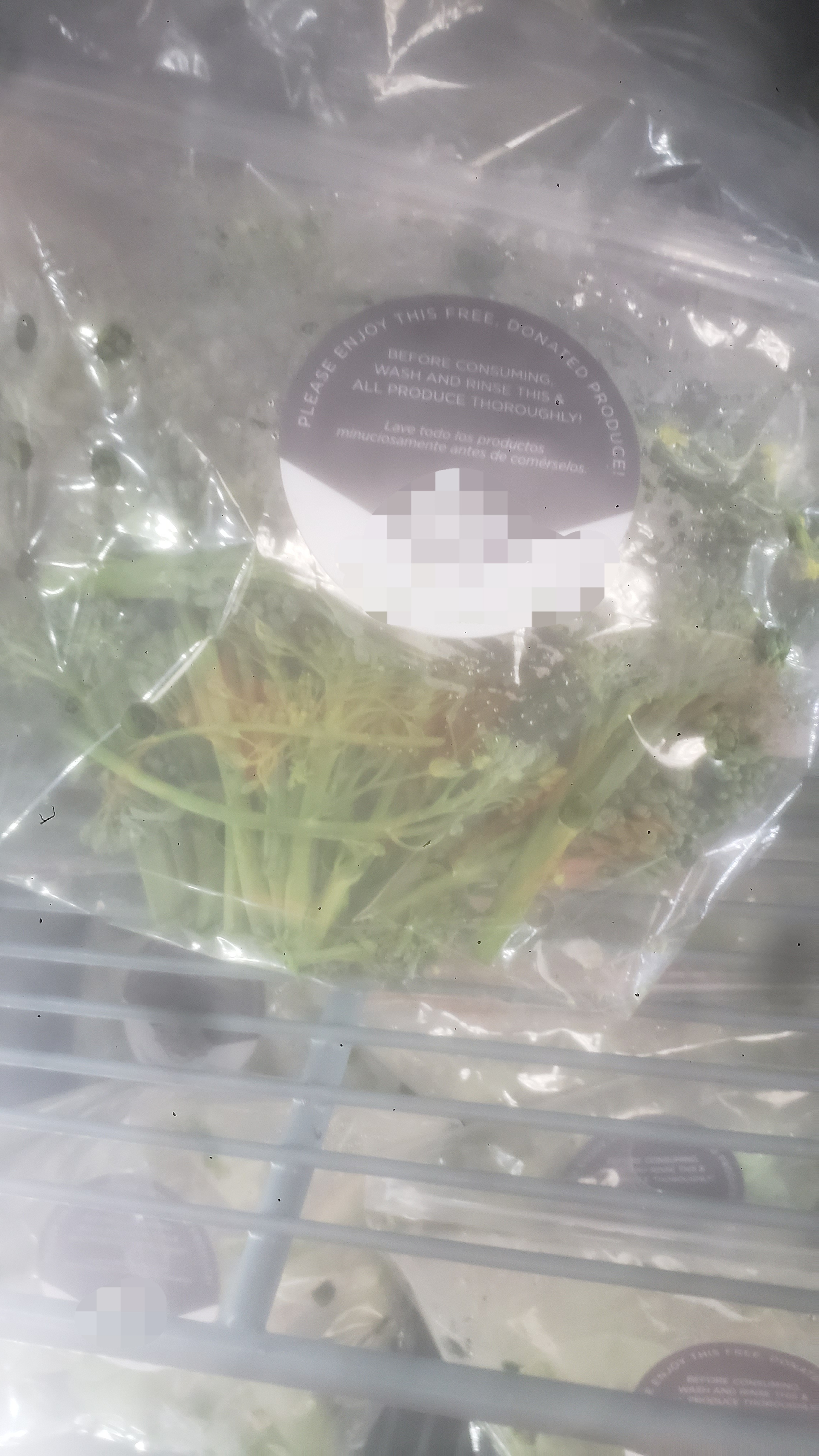 Bag of baby broccoli on a shelf of a fridge.