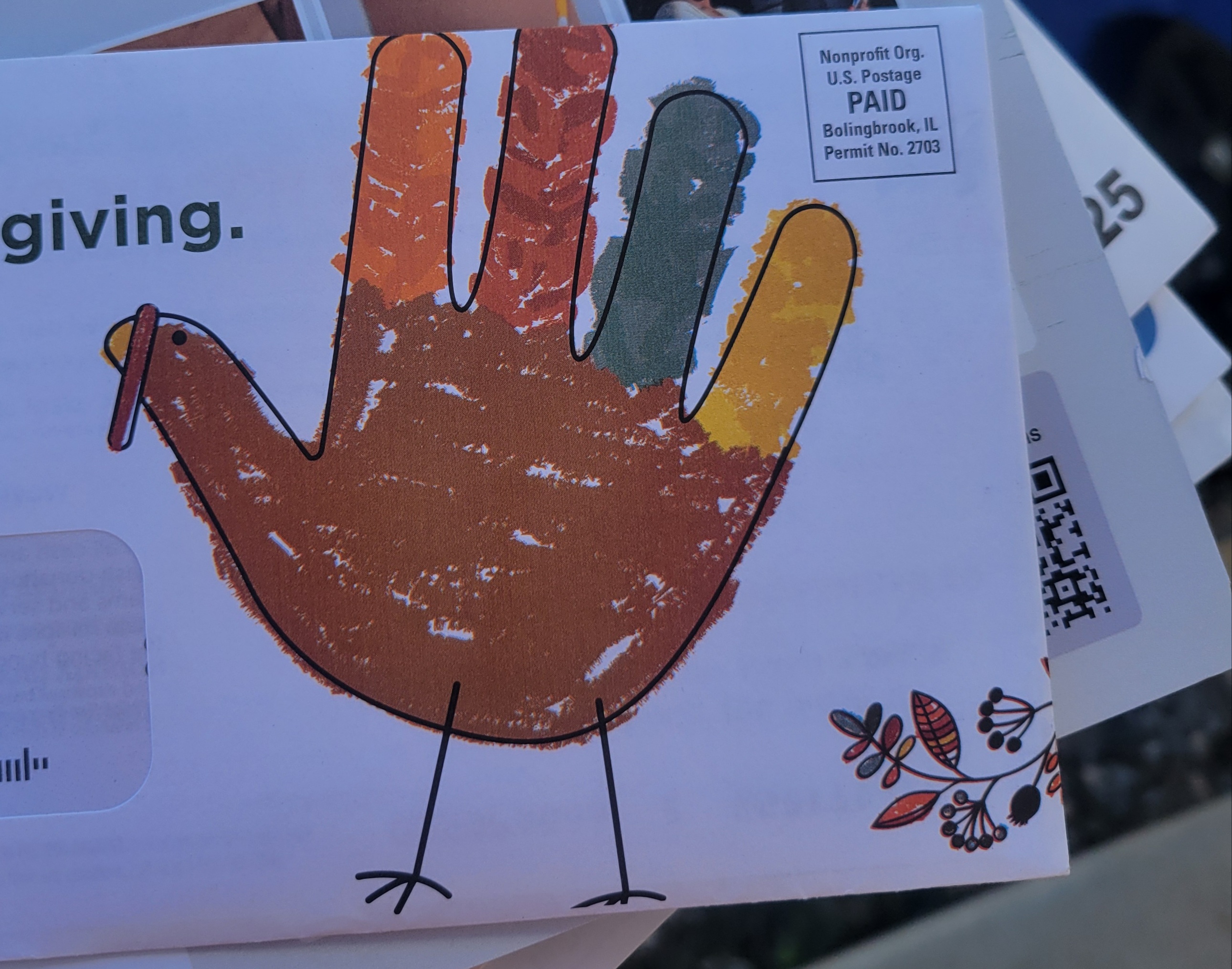 Food bank envelope with a hand turkey on it.