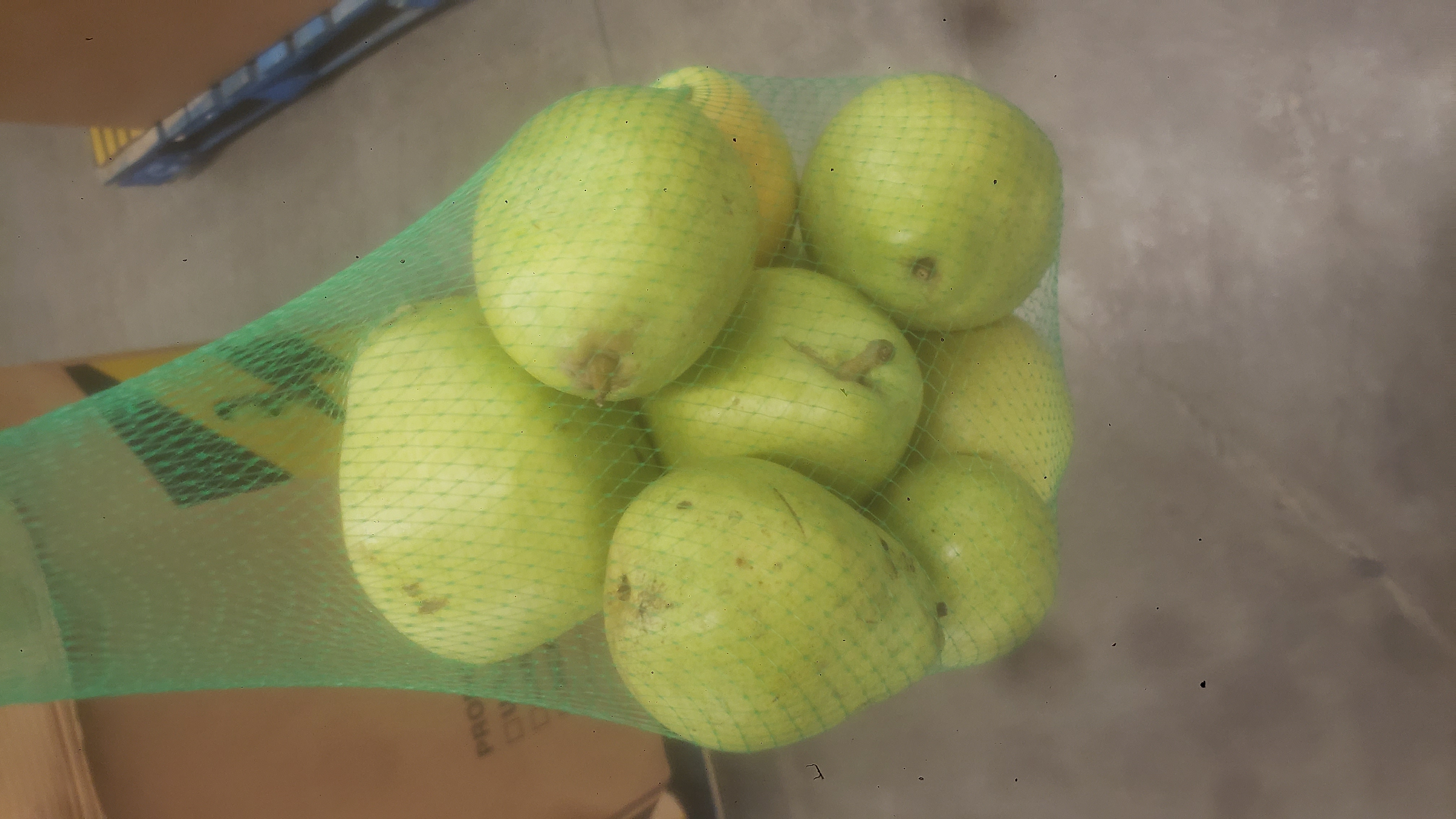 Mesh bag of pears.