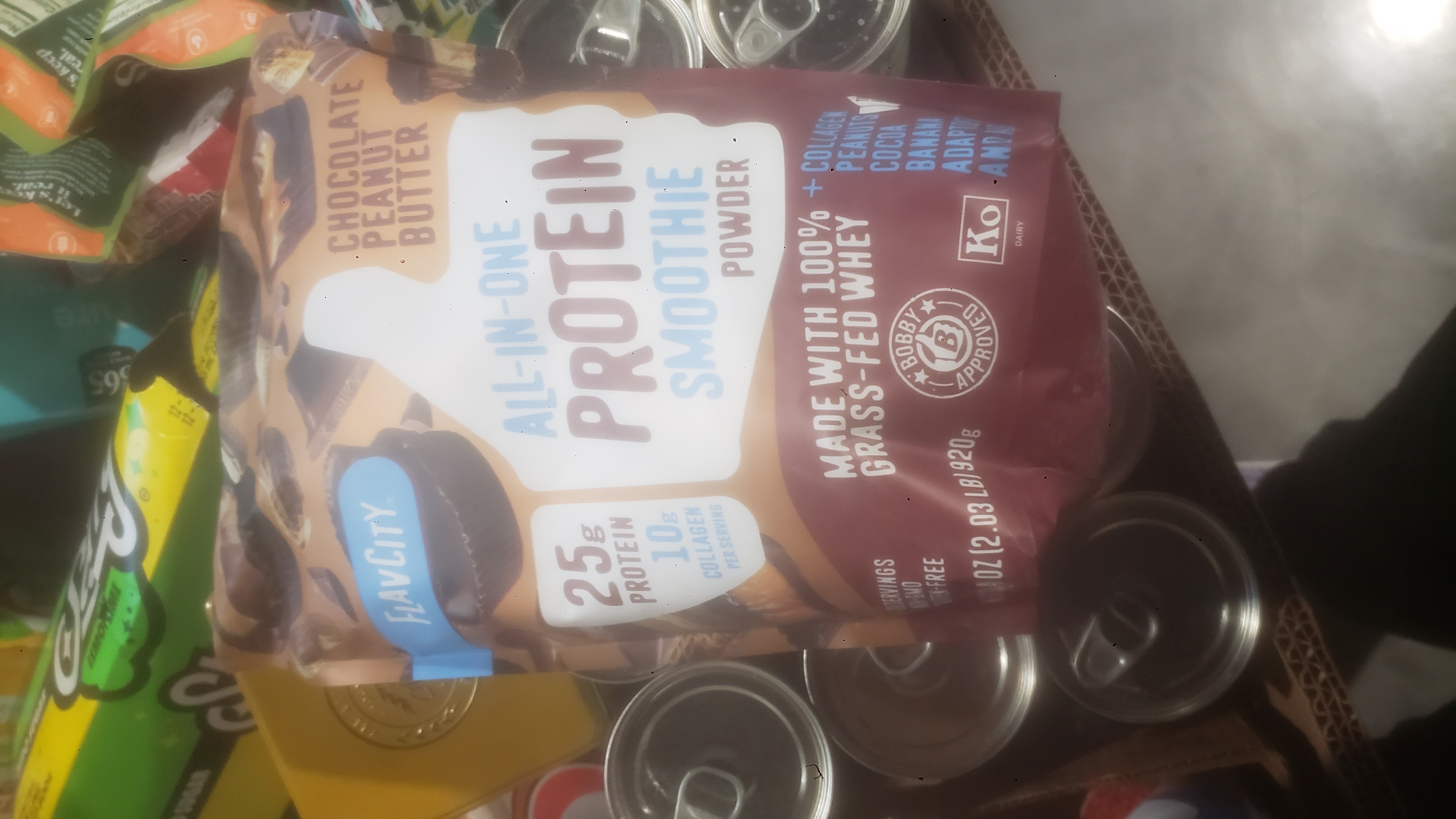 Bag of chocolate peanut butter protein smoothie powder.