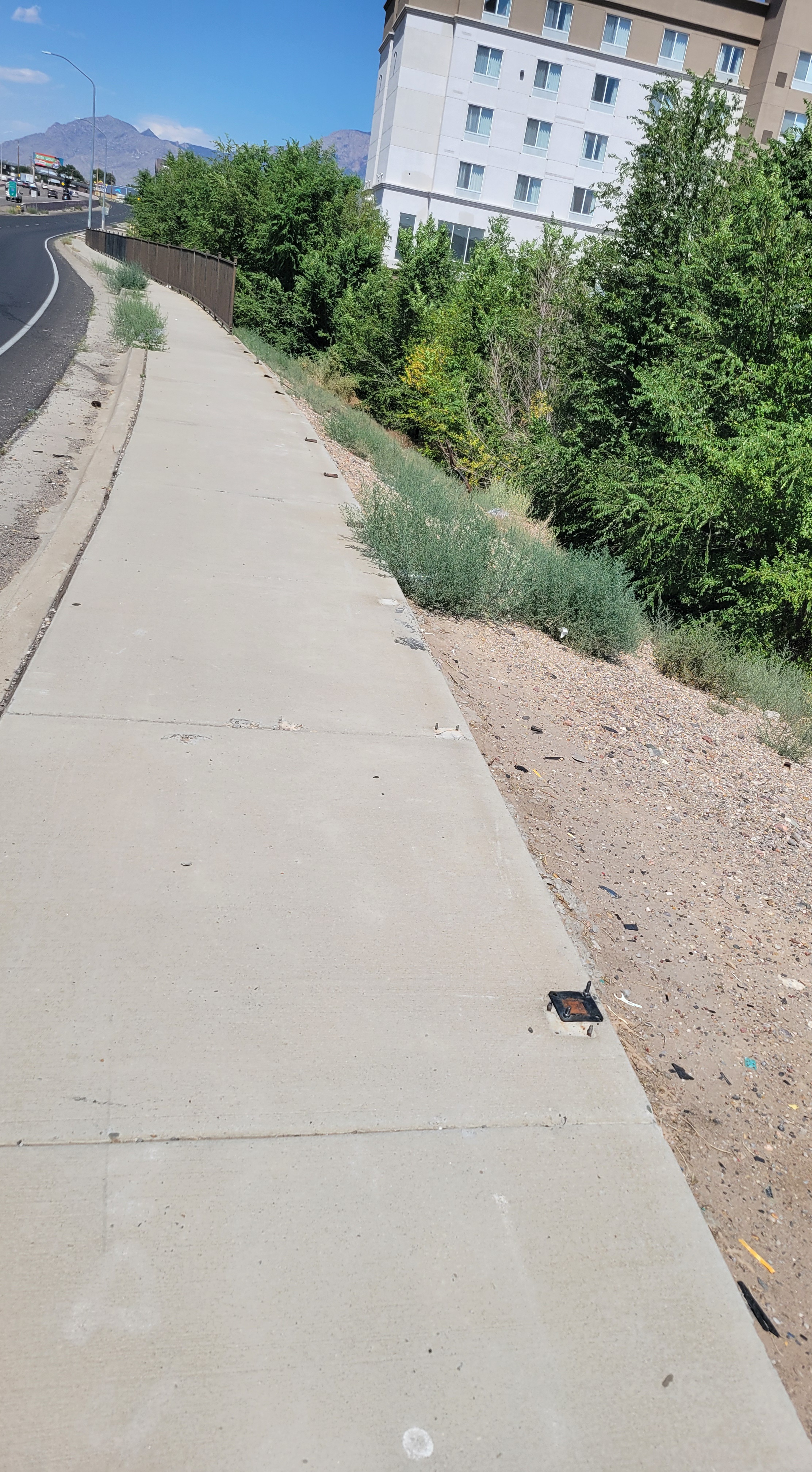 Side walk with half a rusted fence missing and plants.