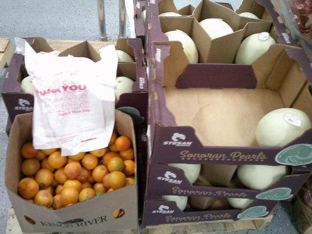 Produce boxes filled with honeydew melons next to boxes of oranges with stack of plastic bags on top of it.