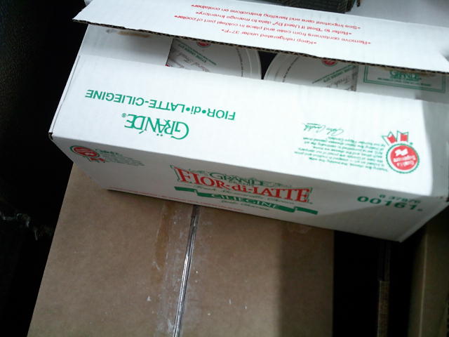 Two tubs of mozzarella cheese in box on top of box.