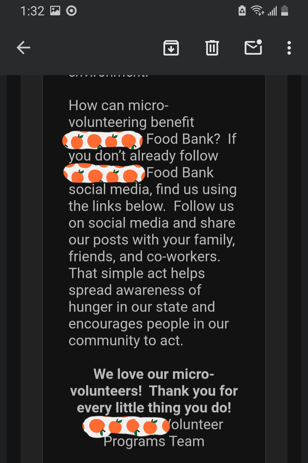 Email about how mico-volunteering benefits the food bank.
