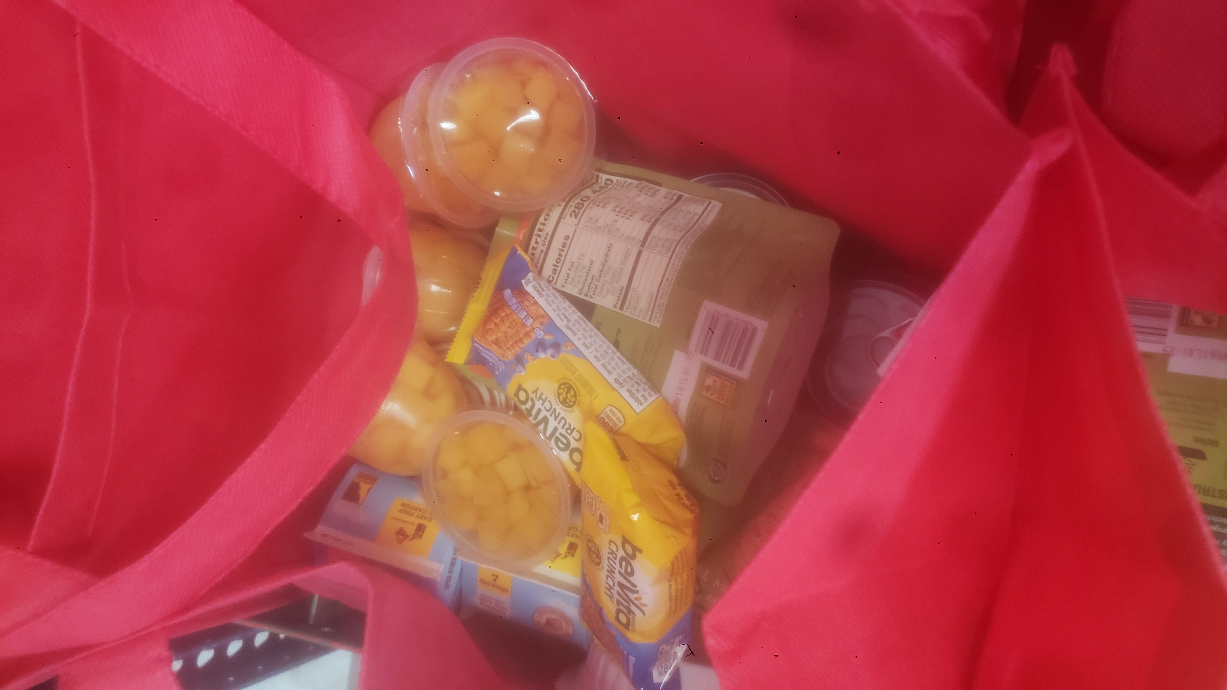 Stable shelf dry goods in a tote bag.