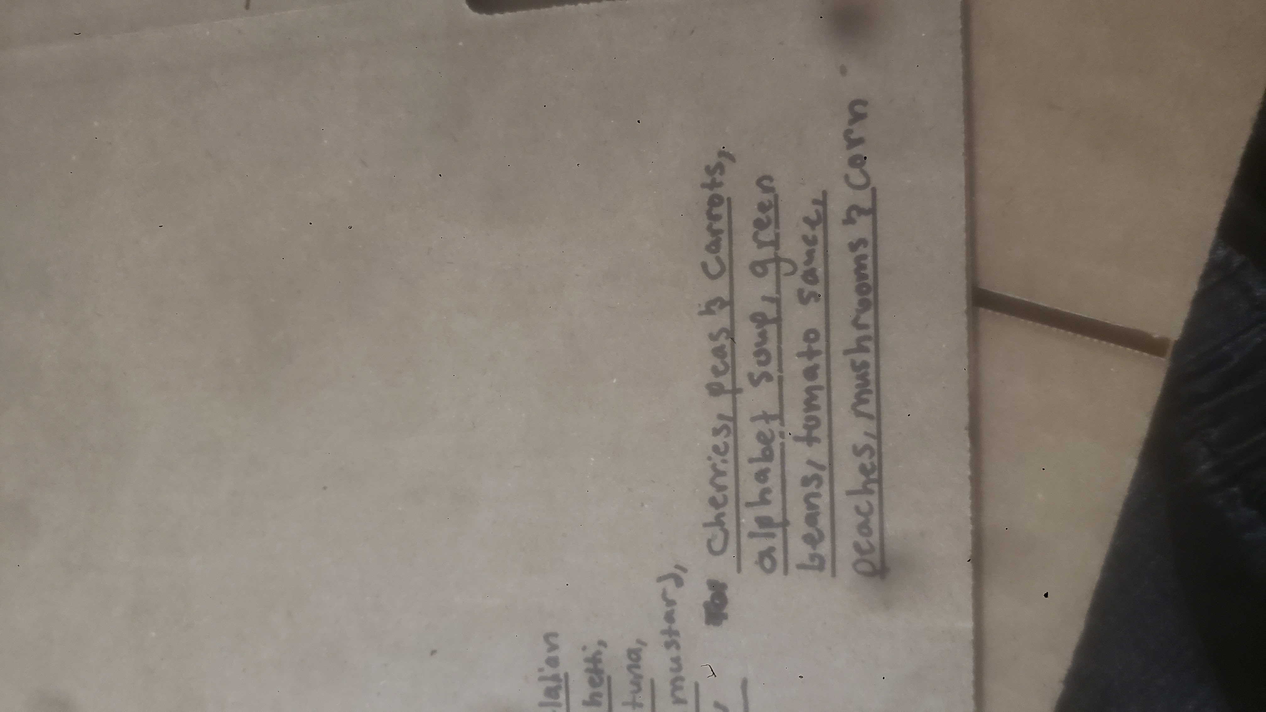 Lines of what play food is in a food bank replica box.