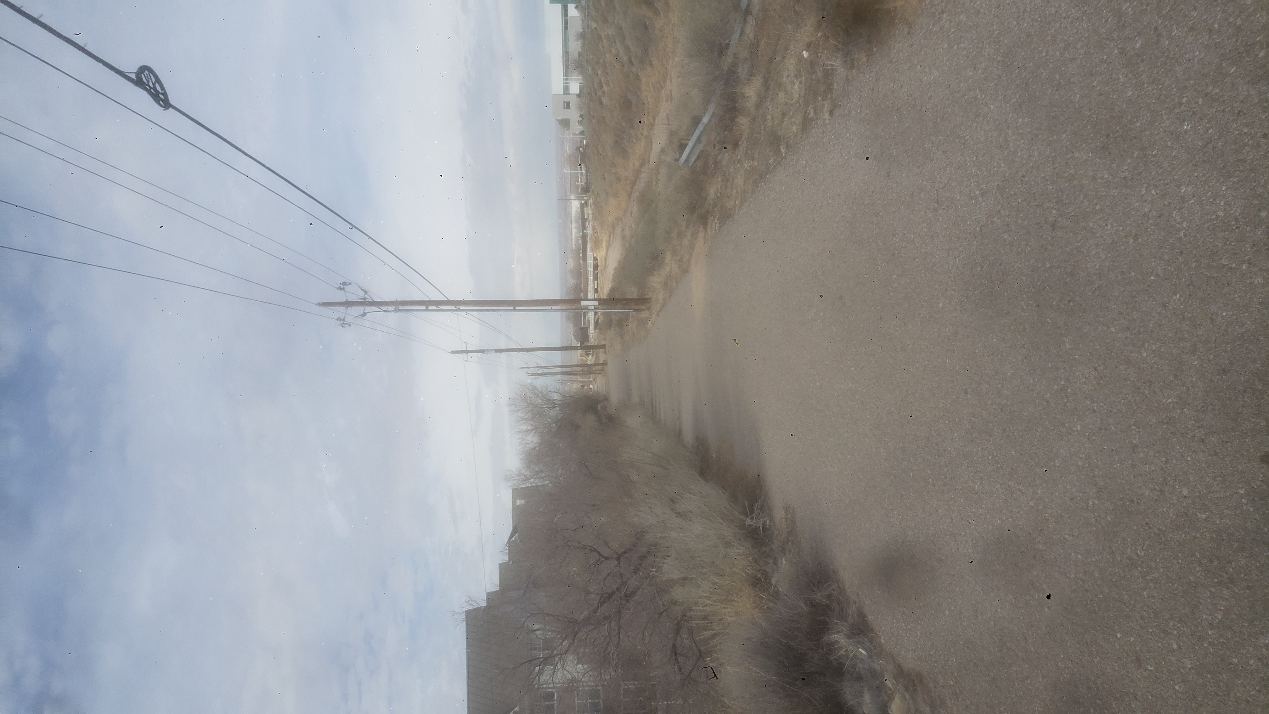 Sidewalk path with power lines, hotel, and greenery in frame.