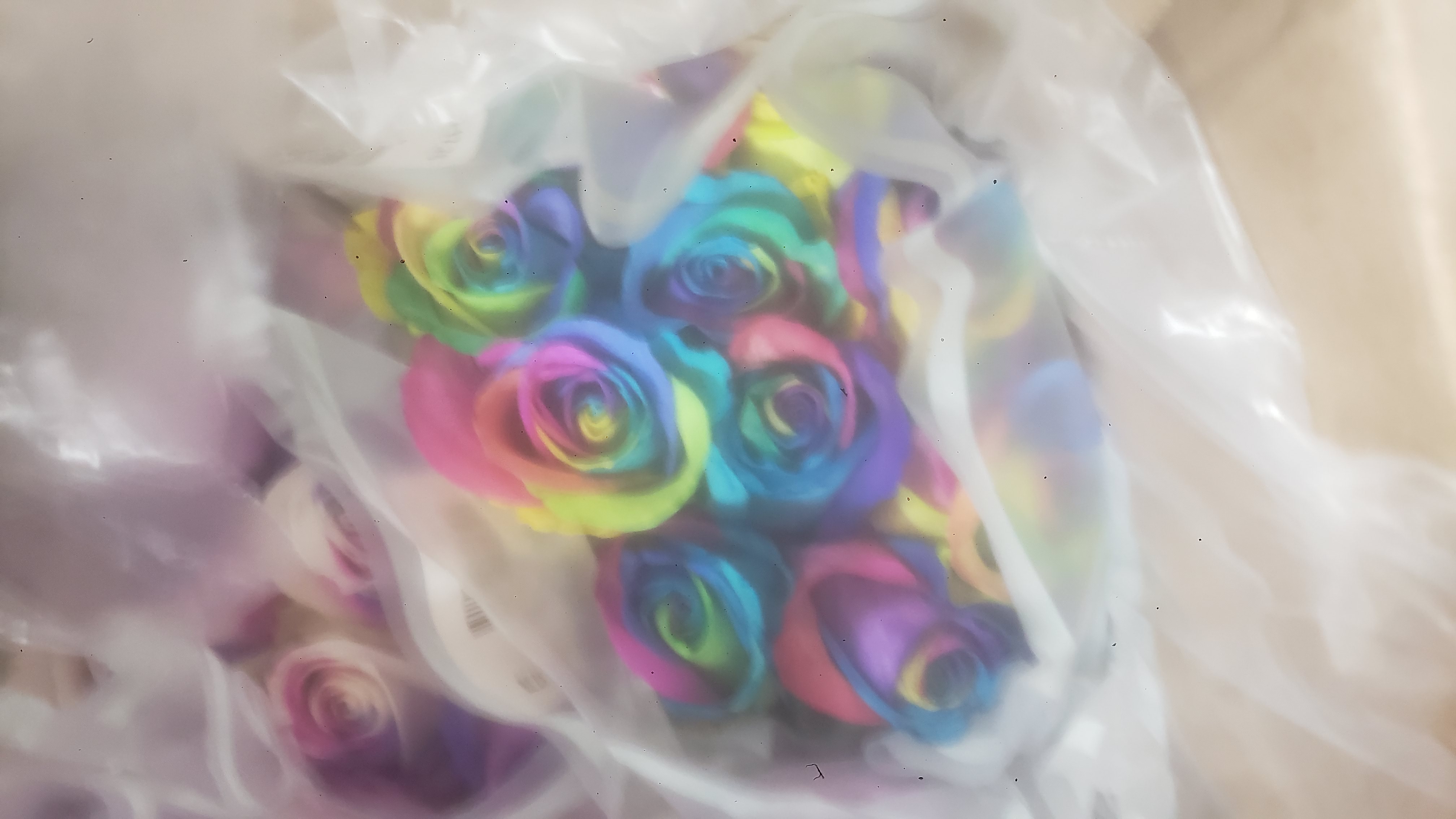 Bouquets of colorful roses in a plastic vase and long cardboard box.