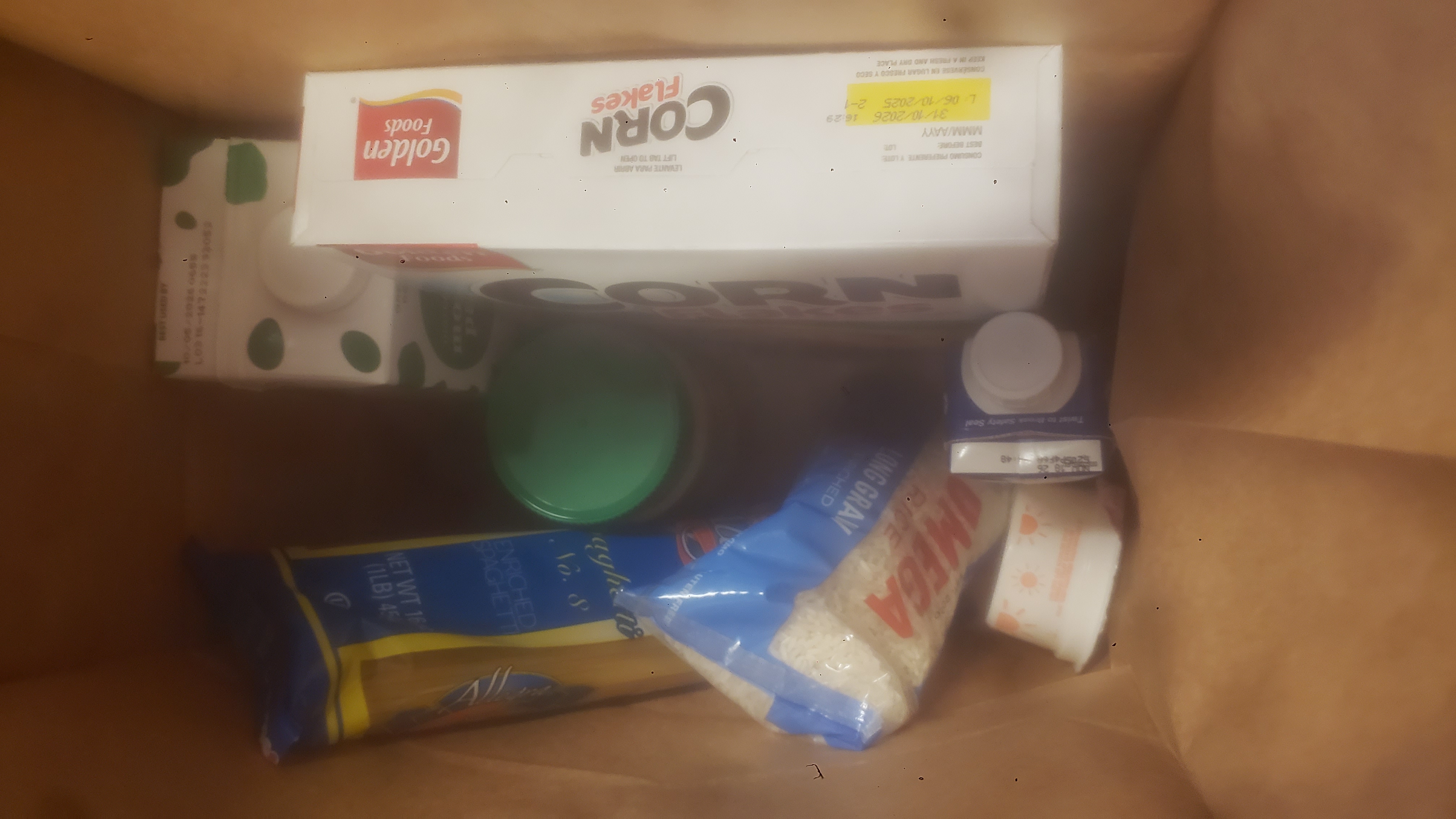 Stable shelf food in a paper bag.