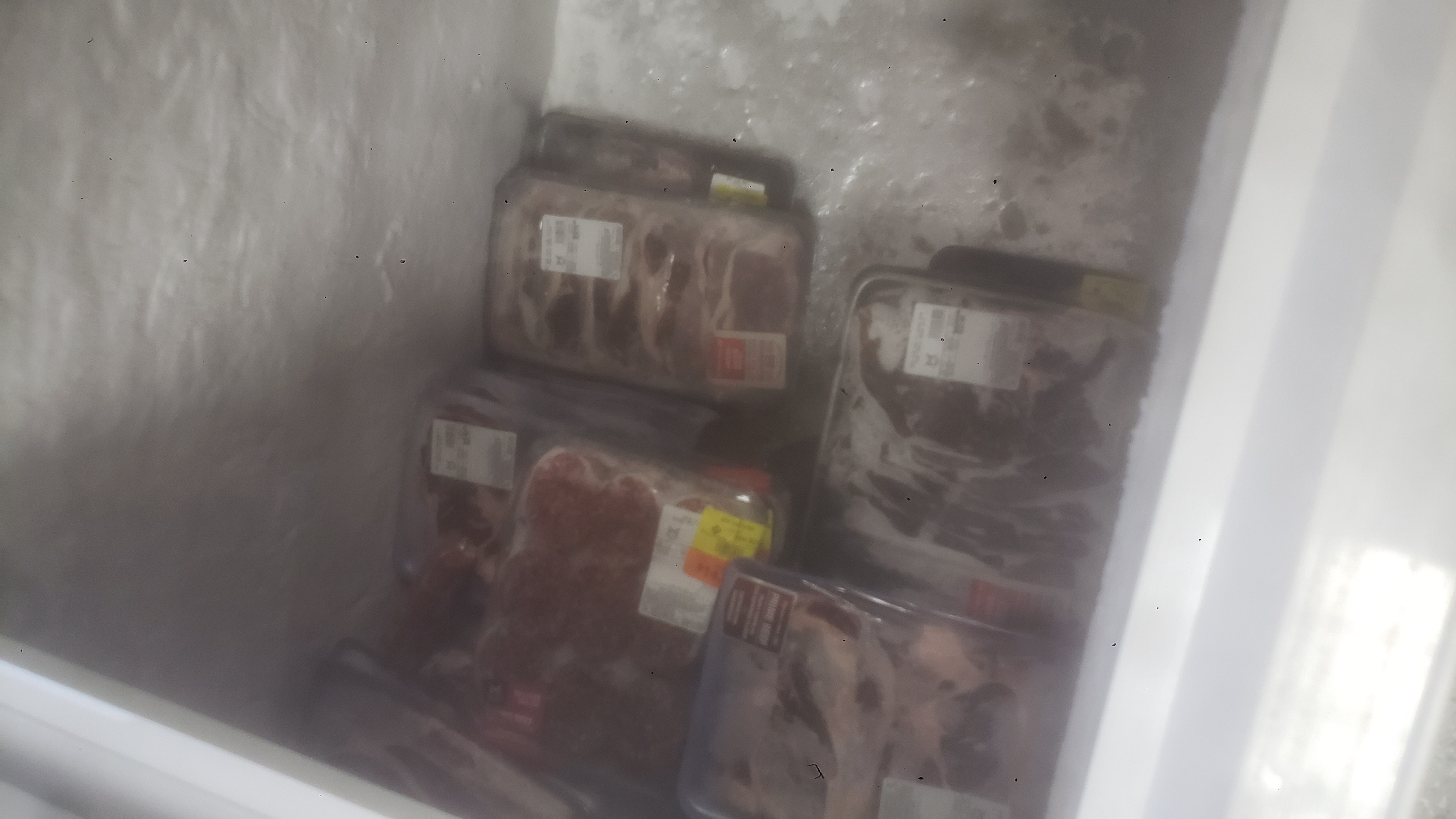 Packs of meats in a chest freezer.