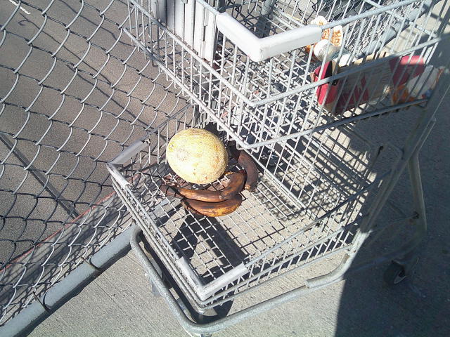 Browned bananas and bruised cantaloupe in the bottom of a shopping cart.