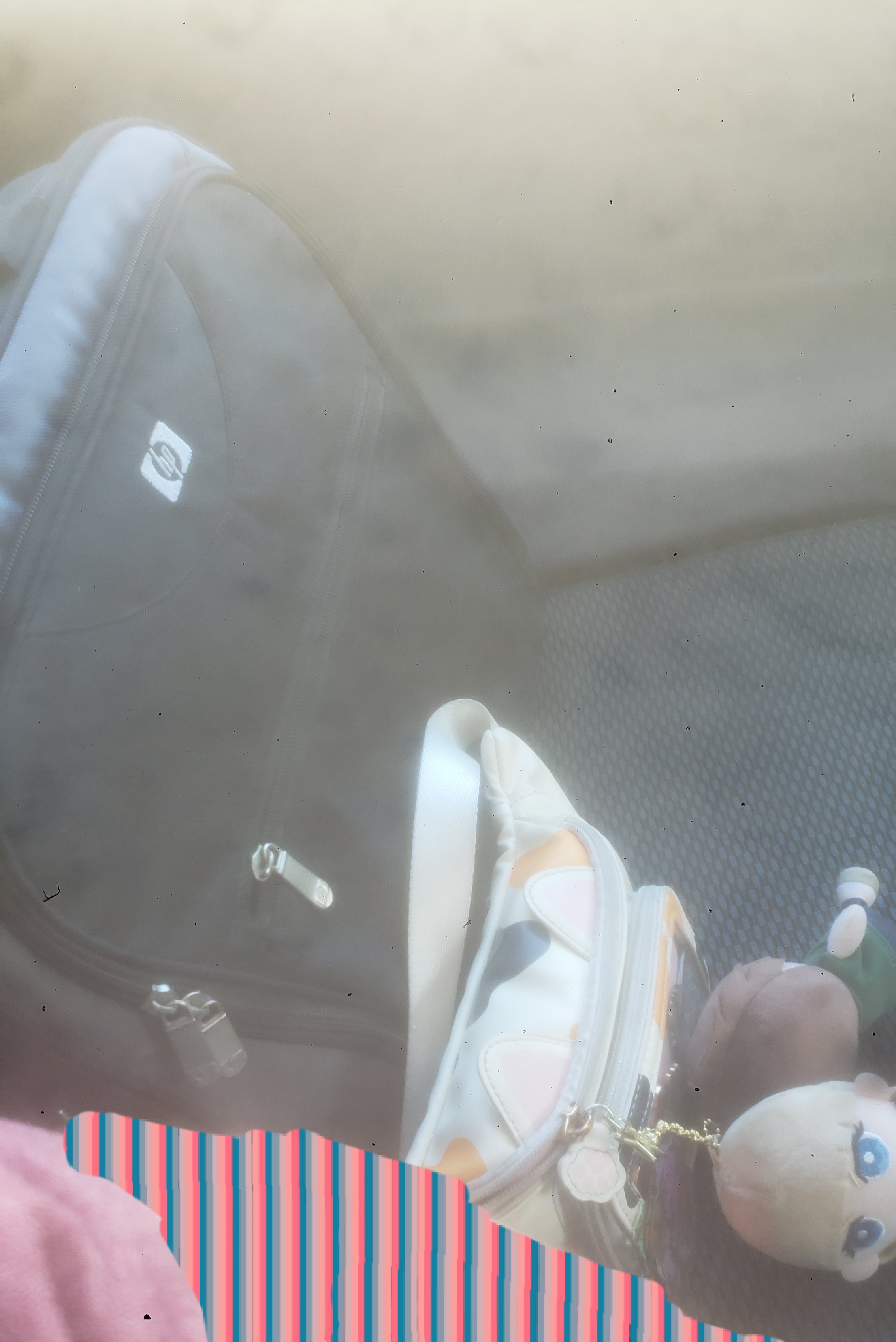 Laptop and cat fanny on bus seat.