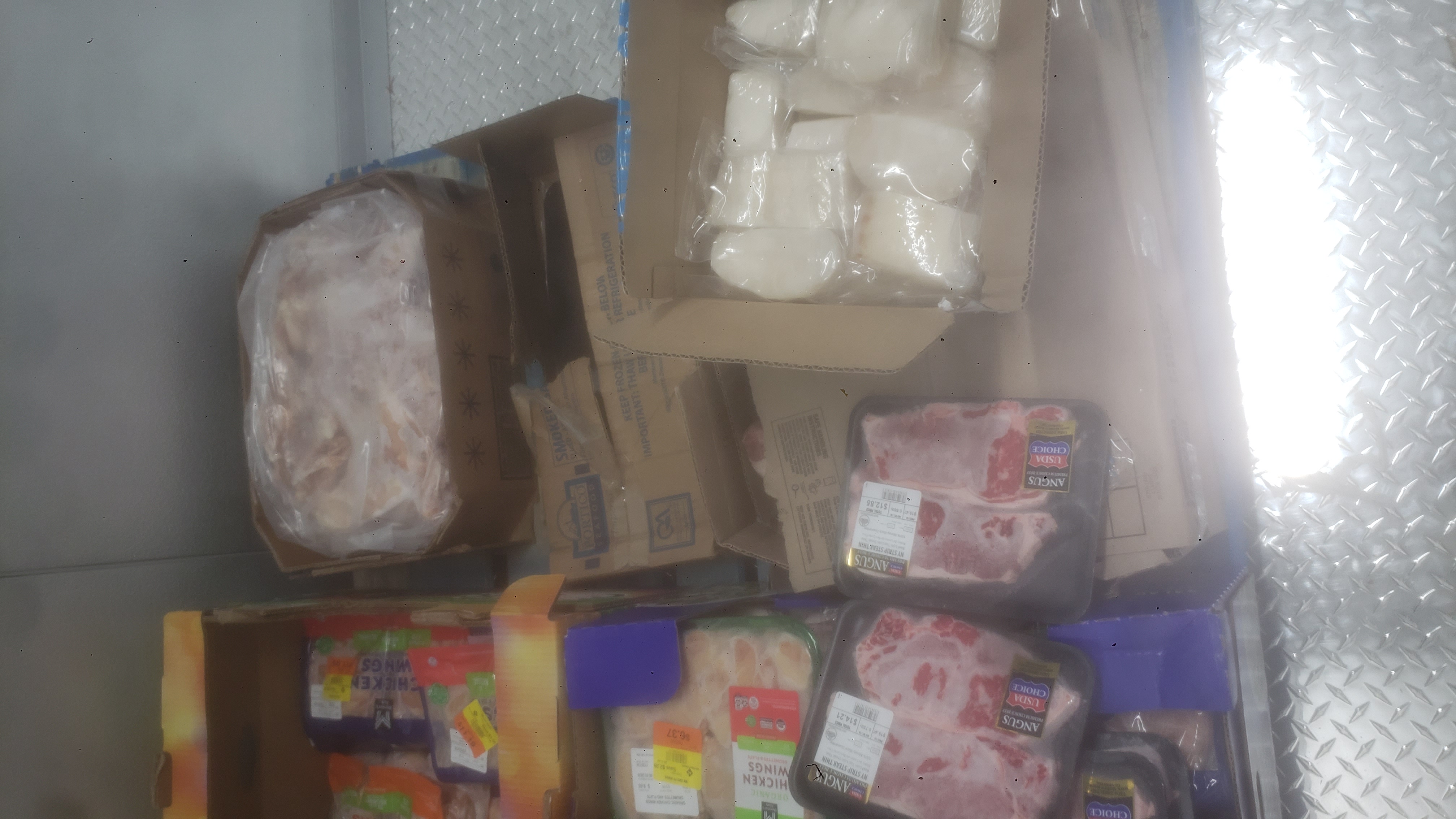 Various meats in boxes and trays on a pallet.
