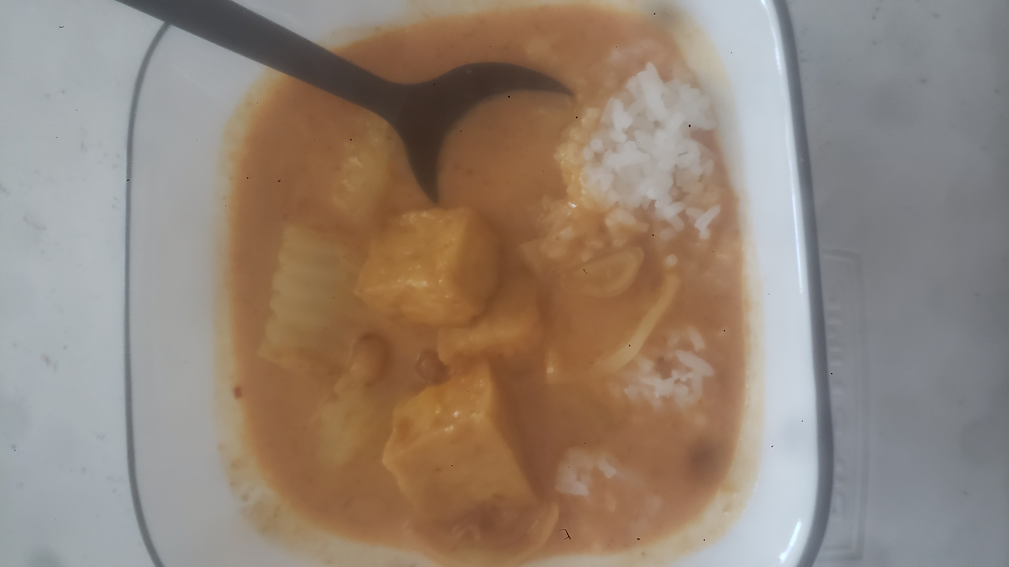 Massaman curry with fried tofu and rice in a bowl and a plastic spoon.
