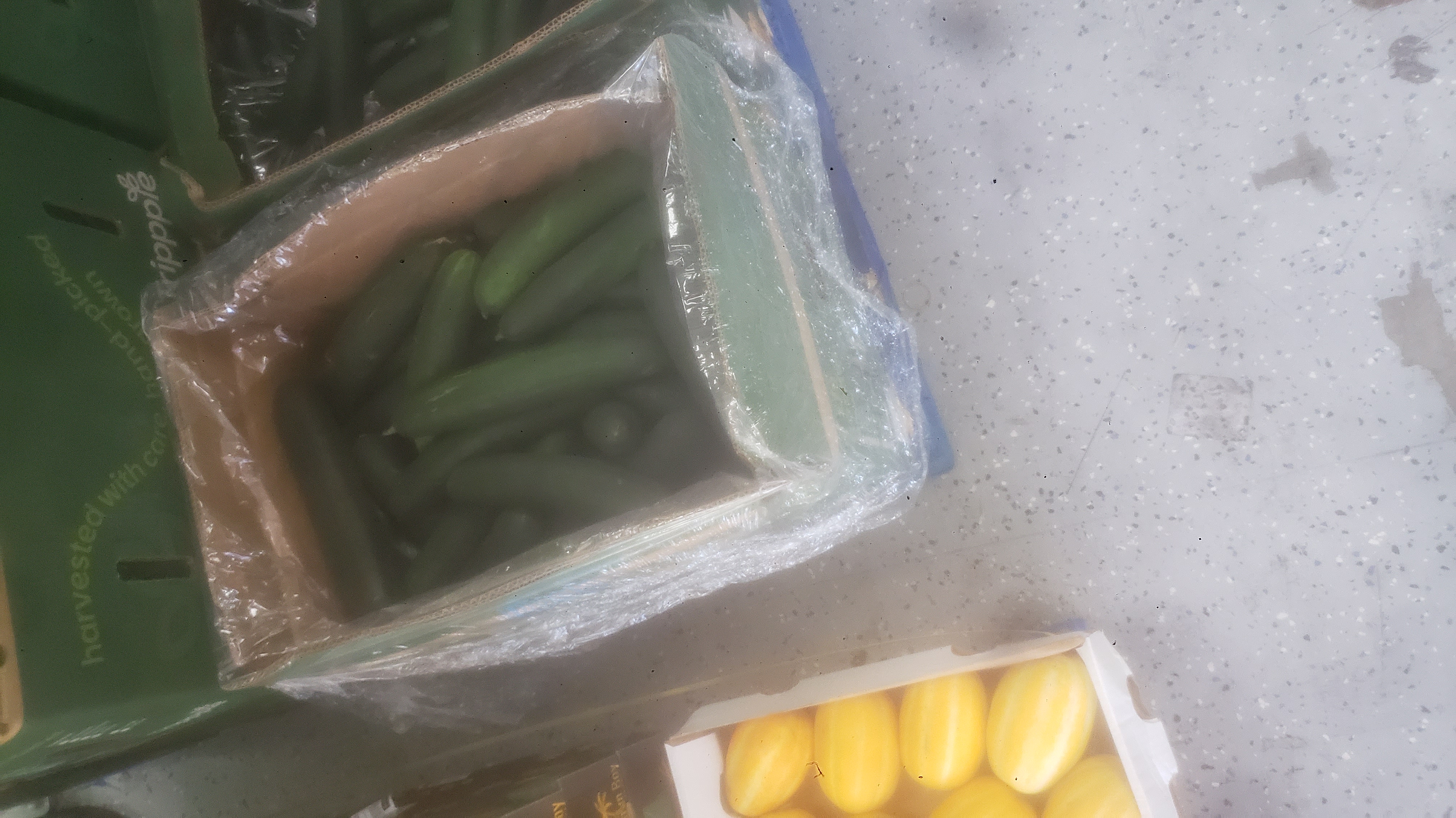 Cardboard container of cucumbers.