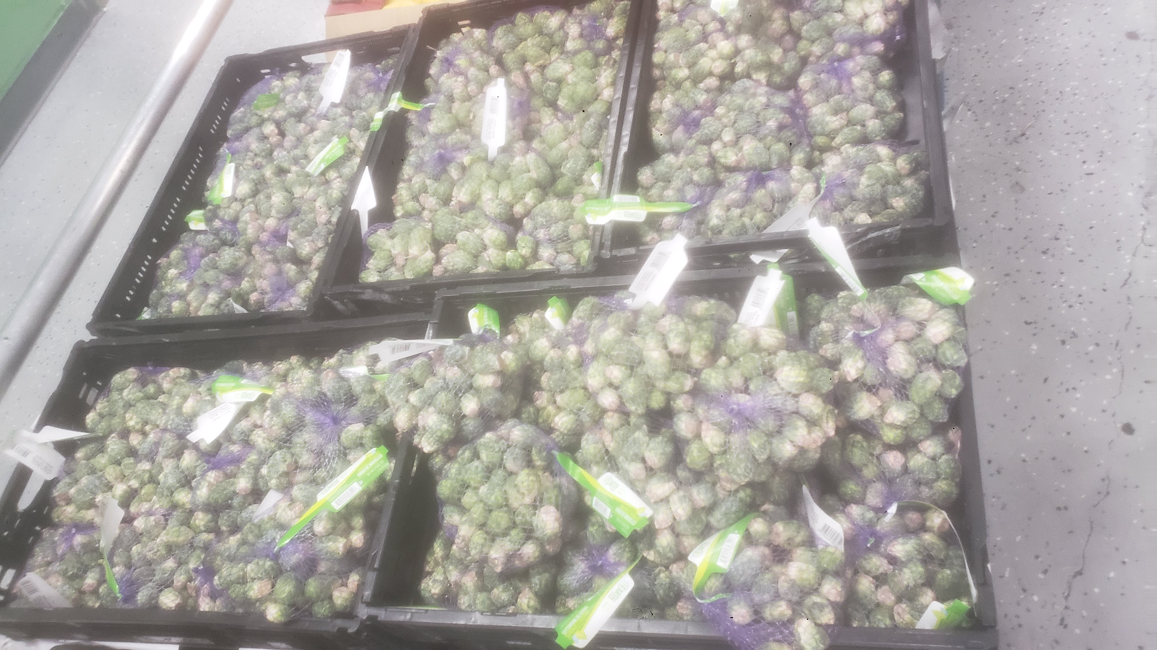Crates filled with purple mesh bags full of brussel sprouts on a pallet.