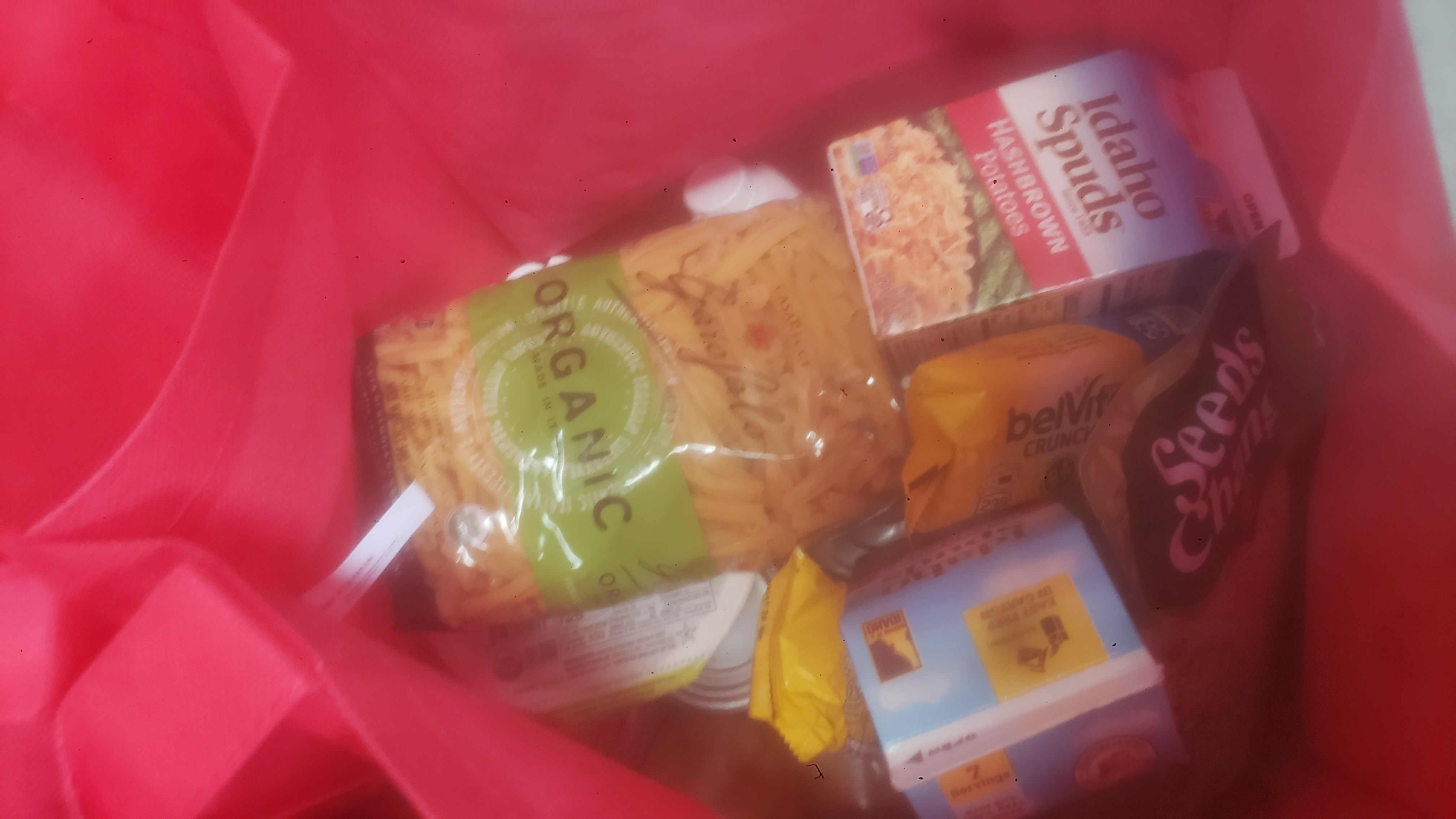 Stable shelf dry goods in a tote bag.