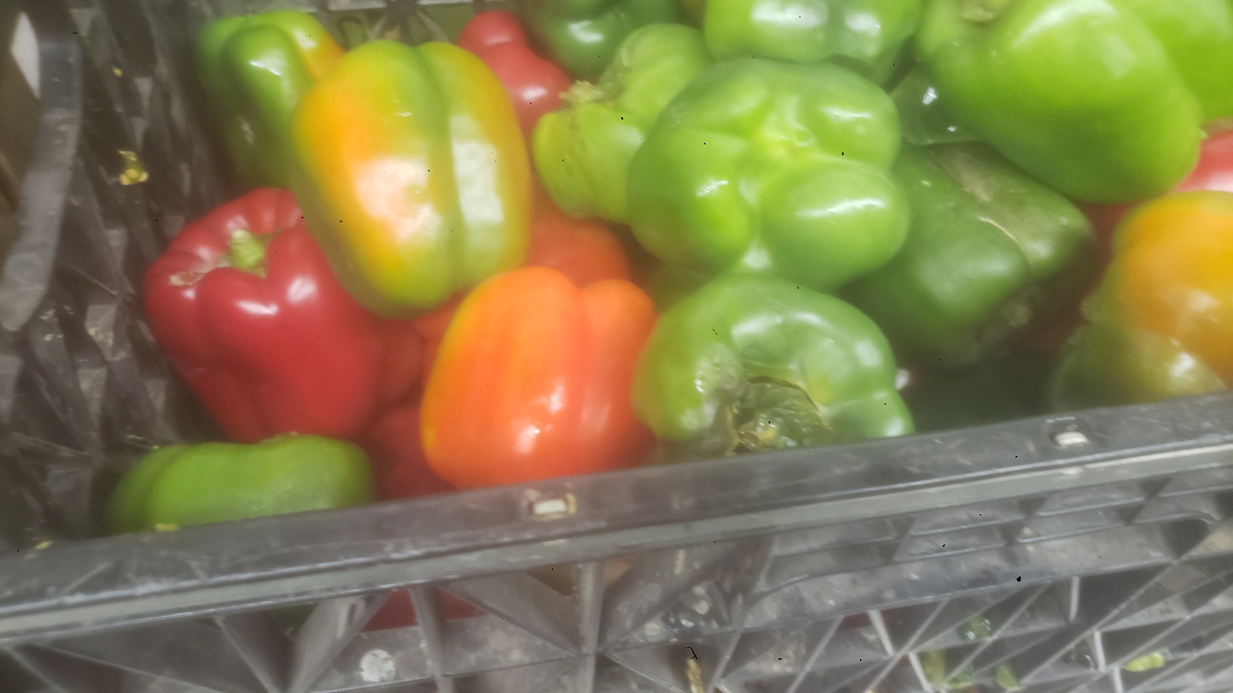 Crate full of bell peppers.