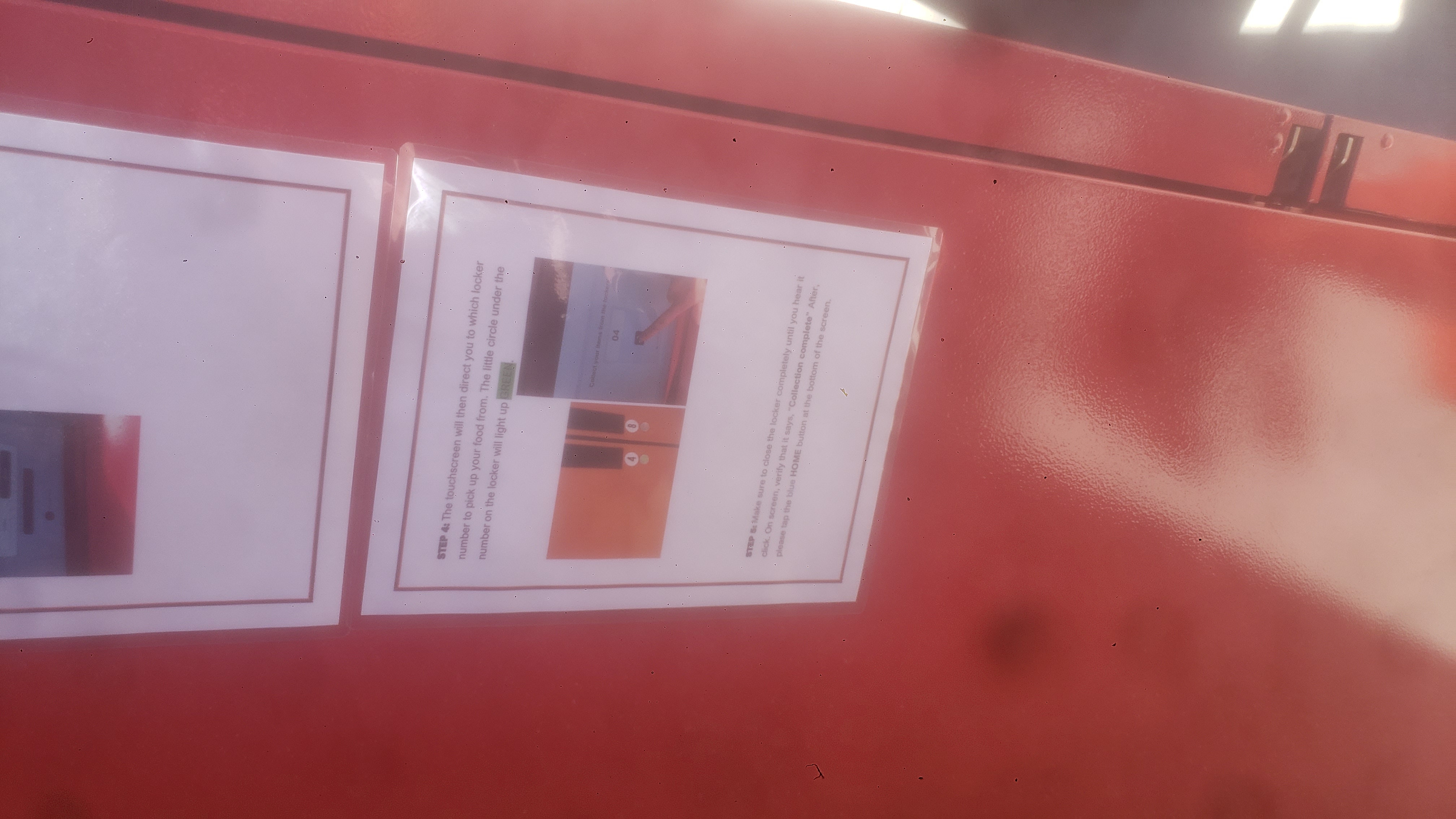 Instructional sign for a food locker kiosk, detailing how to place an order via QR code or phone and retrieve items using a PIN code.