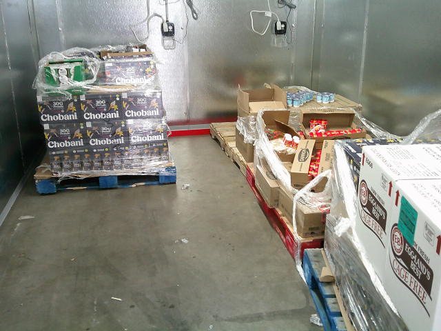 Pallets of food such as eggs and yogurt.