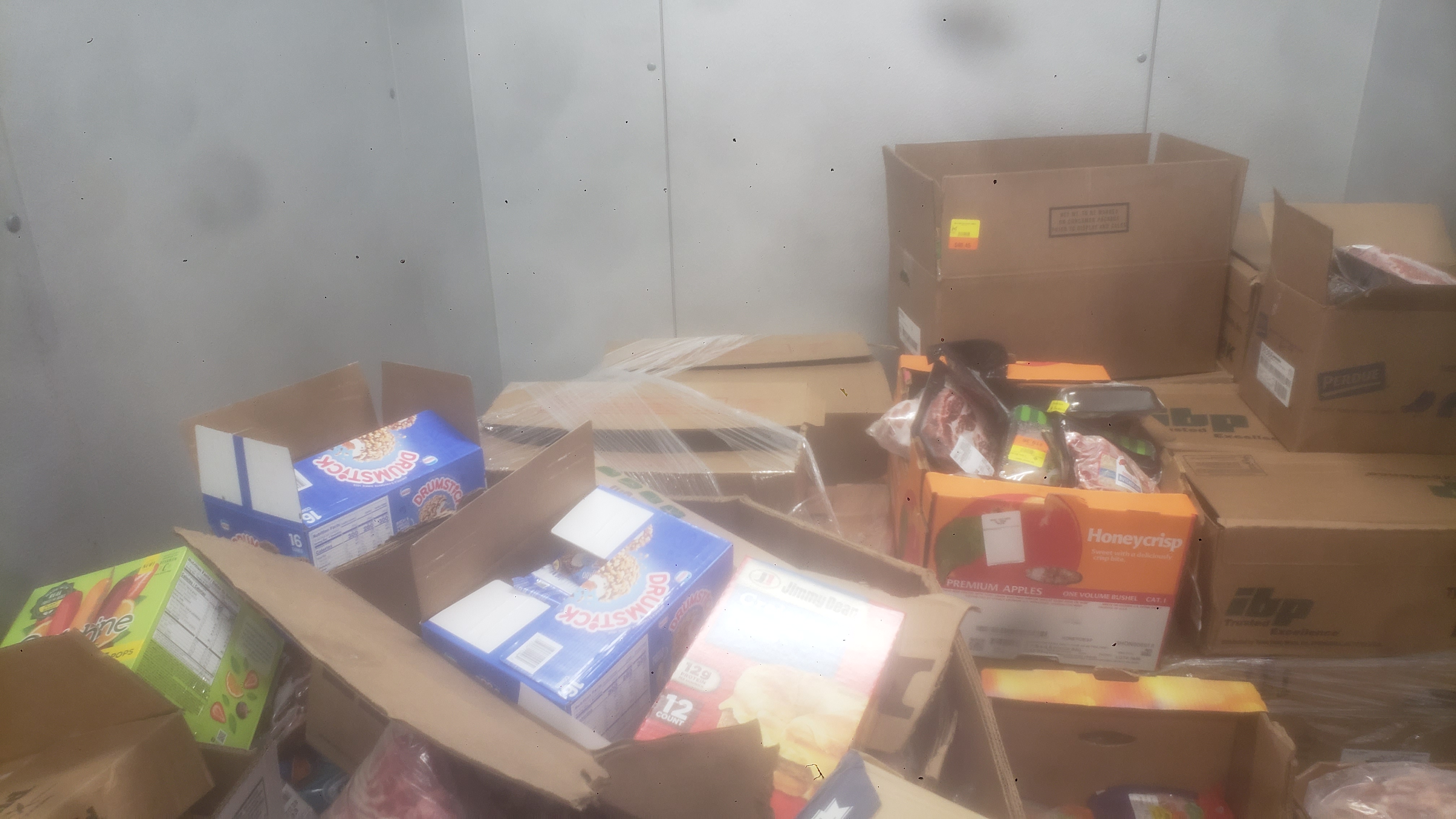 Assorted frozen items in cardboard boxes such as ice cream, meats, and breakfast sandwiches.