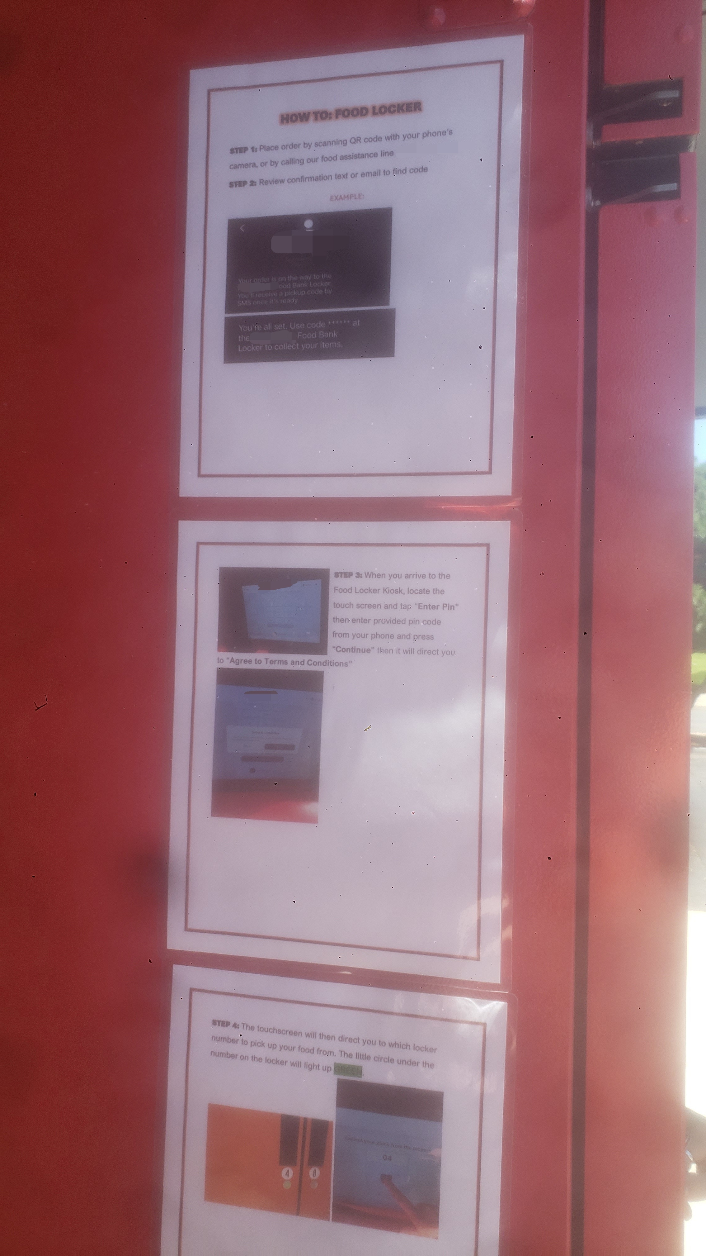 Instructional sign for a food locker kiosk, detailing how to place an order via QR code or phone and retrieve items using a PIN code.