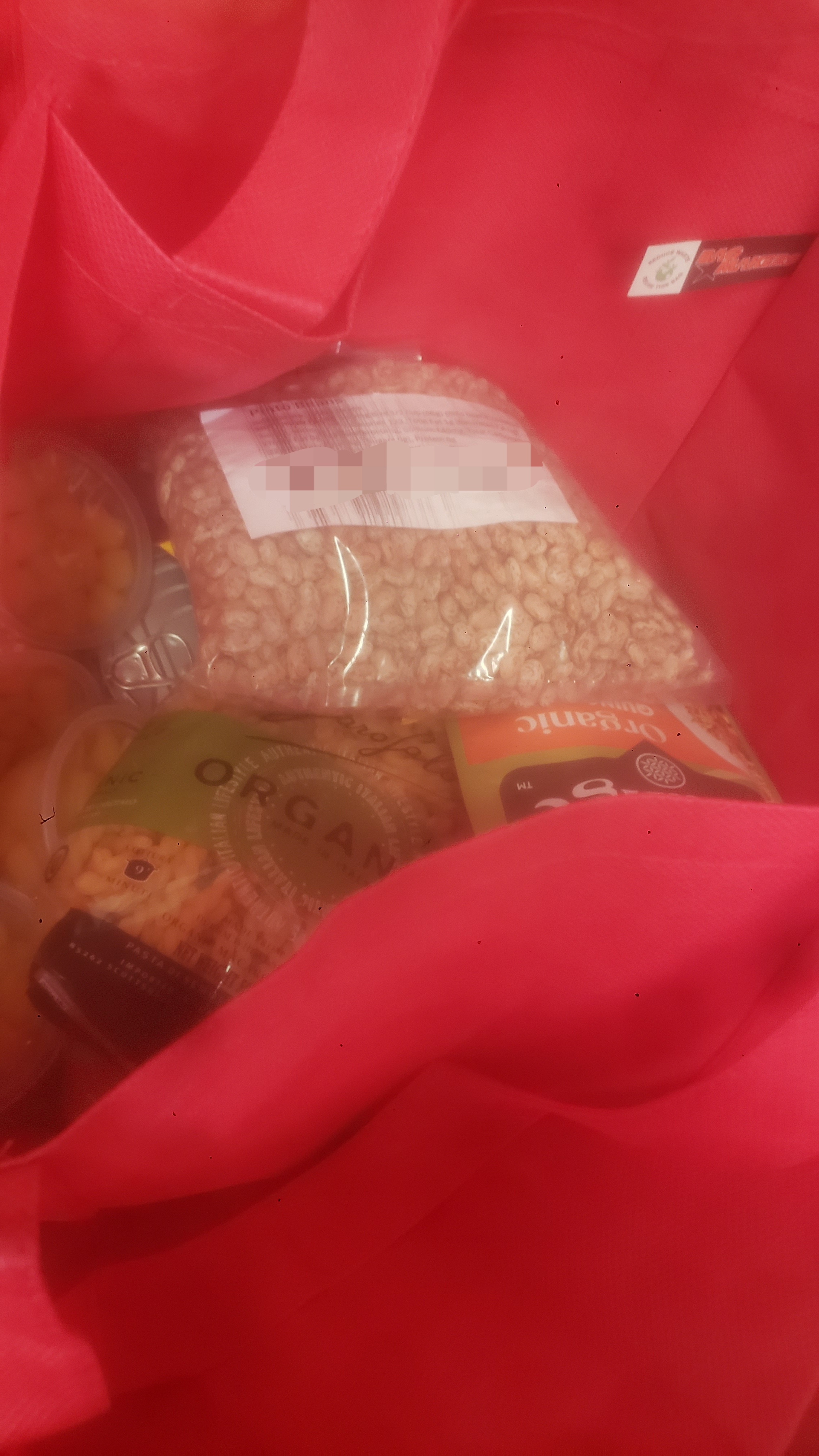 Stable shelf dry goods in a tote bag.